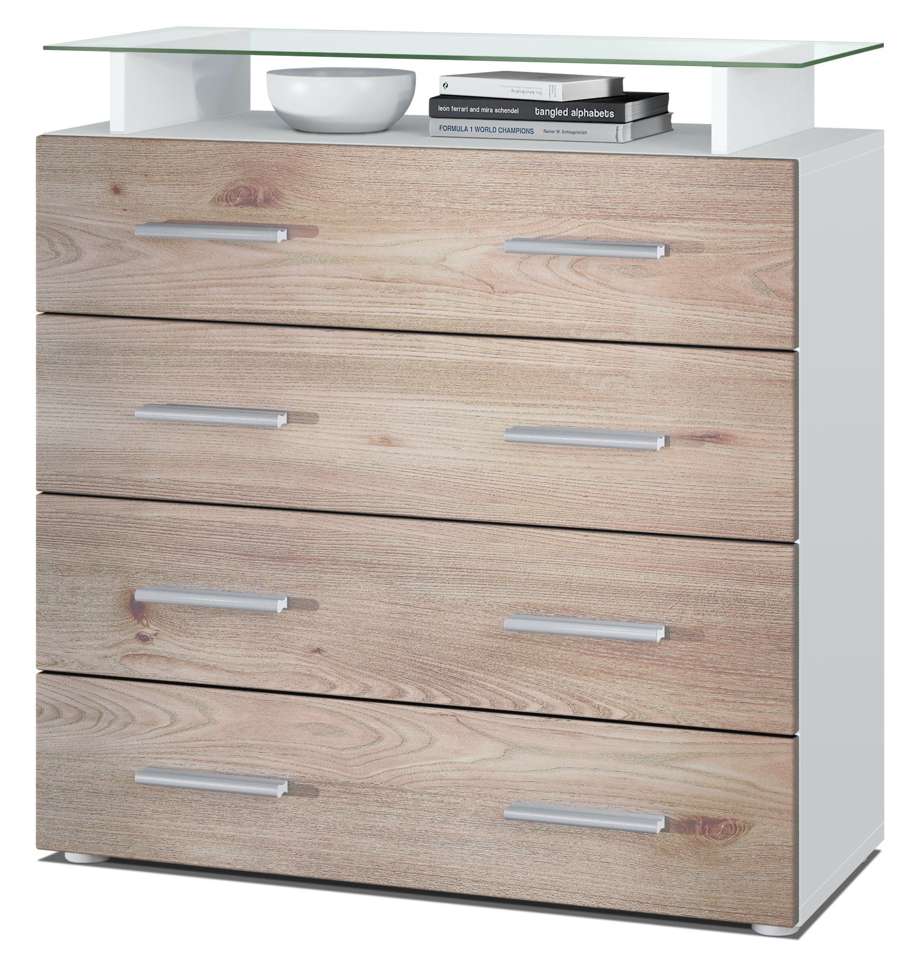 Vladon Kommode Pavos V2 (Kommode, mit 4 Schubladen und Glasablage), Weiß matt/Eiche Nordic (76 x 81 x 35 cm)