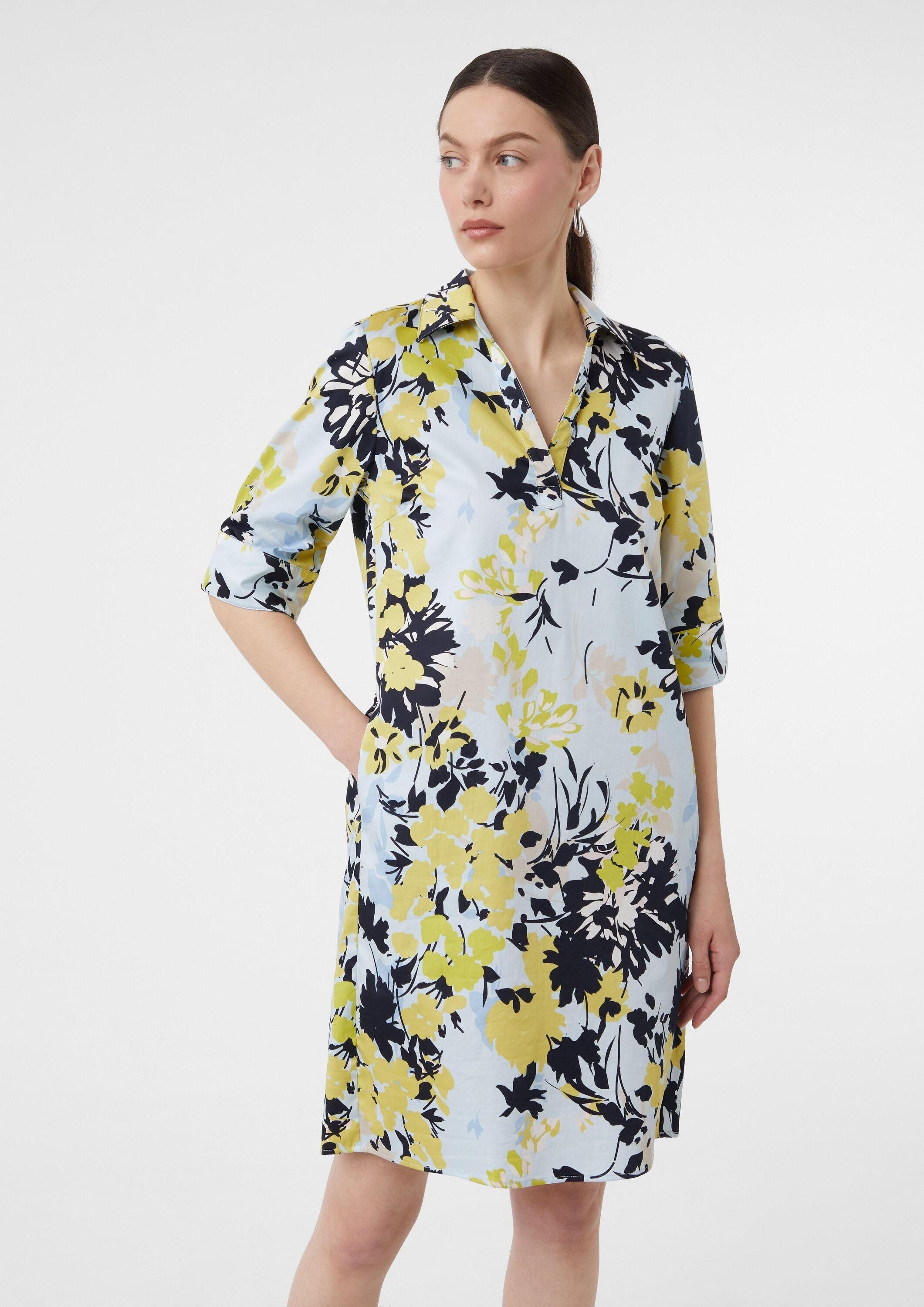 comma Minikleid Kleid Kurzes Popeline-Kleid mit Hemdkragen und All-over-Print