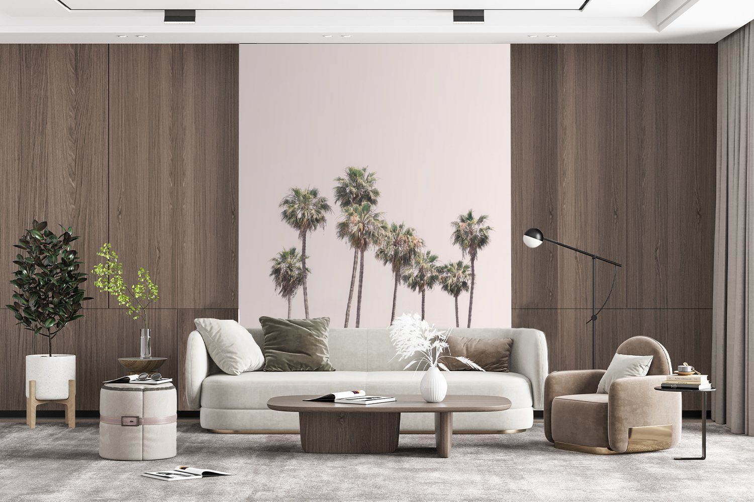 MuchoWow Wohnzimmer, Matt, St), Wandtapete (4 - - Natur Beige, Tapete Vinyl Montagefertig Fototapete Palmen - Grün bedruckt, für