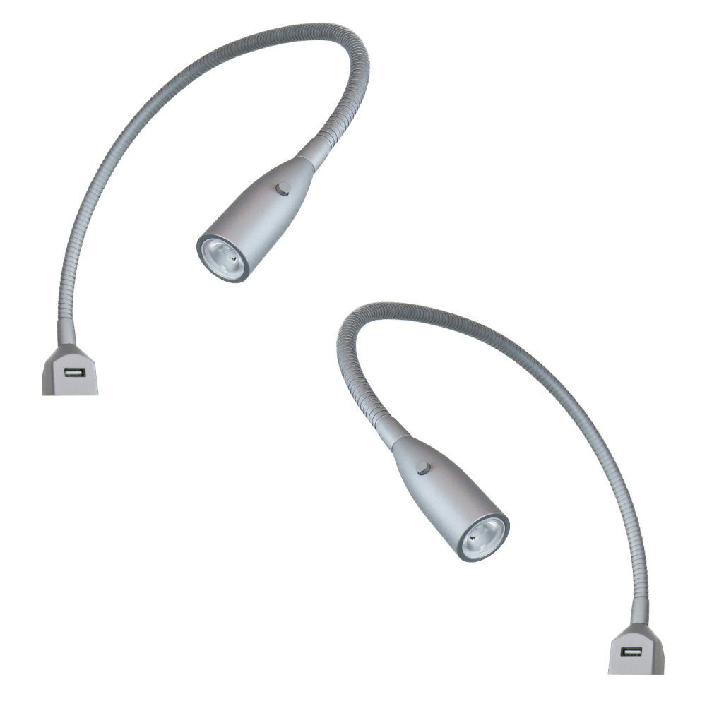 kalb Bettleuchte Flexible LED Leseleuchte inkl. USB Ladefunktion Alu silbergrau, 2er Set silbergrau, warmweiß