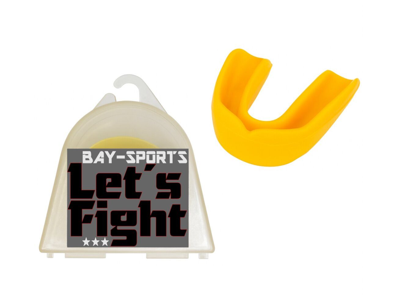 BAY-Sports Zahnschutz Minty Smile Kinder Zahnschützer mit Mint Geschmack und Let´s Fight Box (gelb mit Dose, mit Lets Fight Dose), frisches Minzaroma Schutz für Zähne Kiefer Zahnfleisch mit Dose