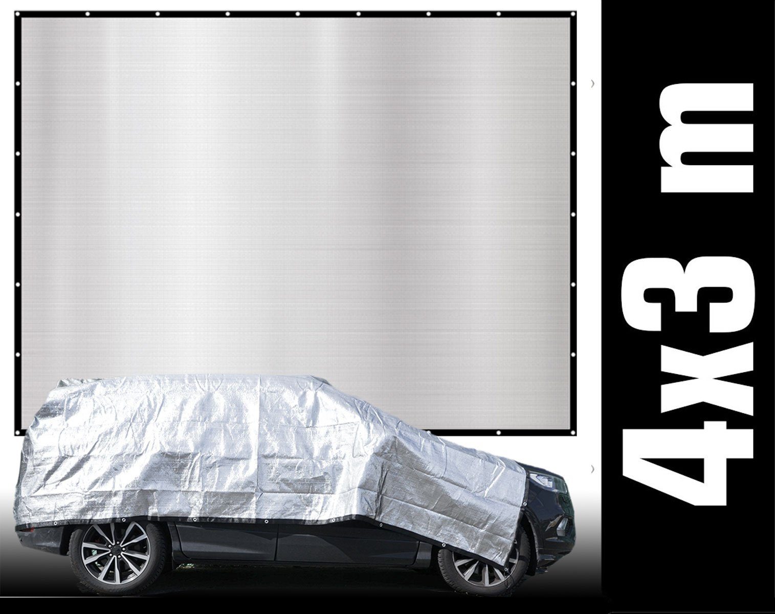 AMANKA Sonnensegel 3 x 4 m Alu Schattennetz für Auto & Garten - Alunetz mit Hitzeschutz, Aluminium Sonnenschutz Plane - Schattenspender für Hund & Camping