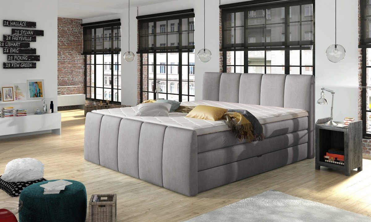 Sofa Dreams Boxspringbett Gustavo, Webstoff grau, 160 x 200 cm, mit Topper, zwei Bettkästen, 2 Matratzen