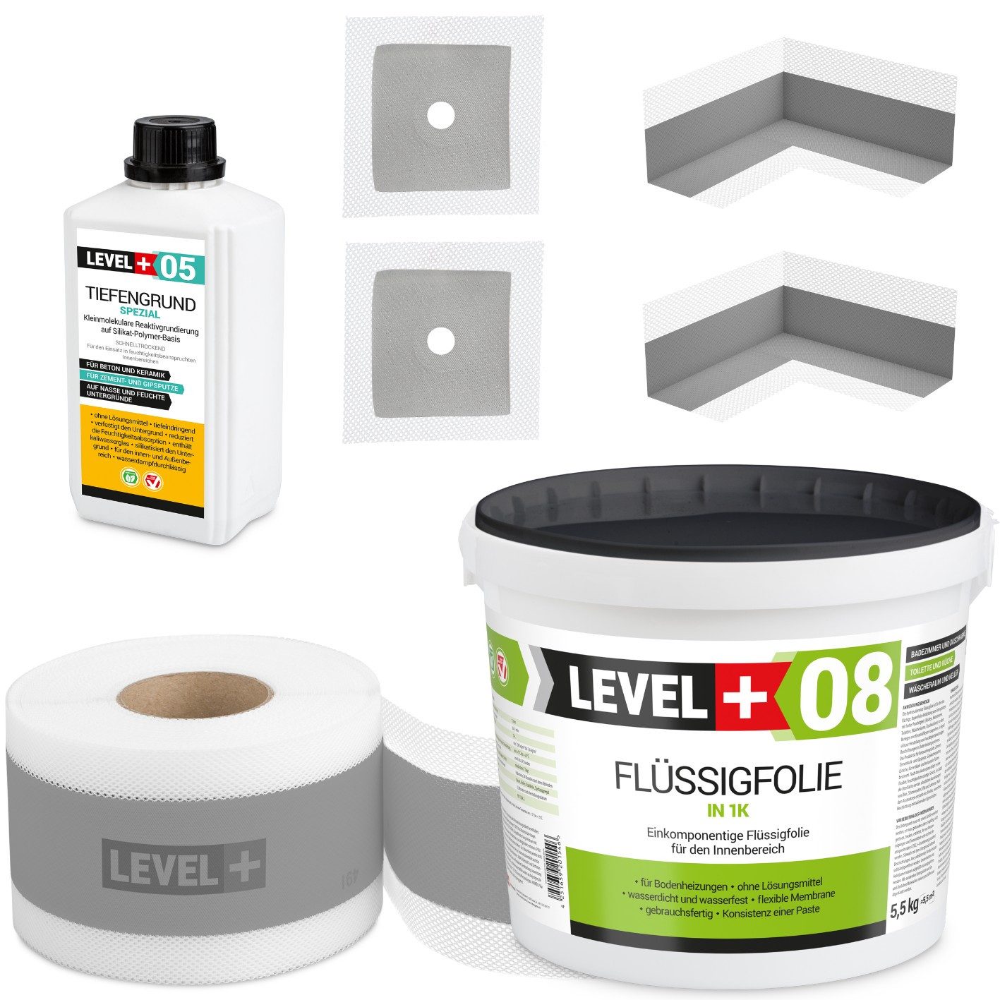 Level+ Dichtstoff Dichtset für Duschabdichtung Bad Dichtband Flüssigfolie 5,5kg SET55
