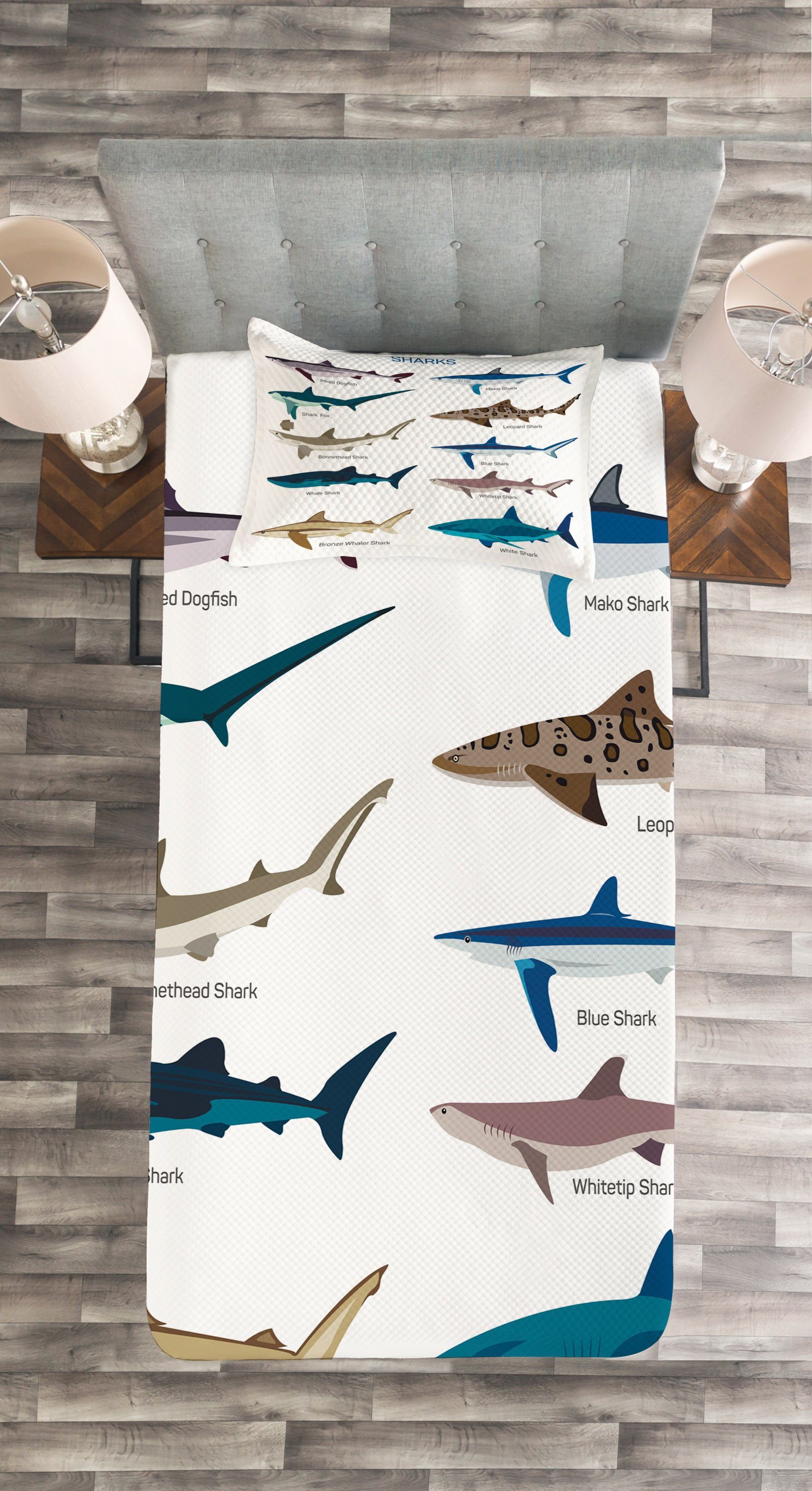 Kissenbezügen Tagesdecke Abakuhaus, mit Wilde Waschbar, Fisch Cartoon-Haifisch-Typen Set