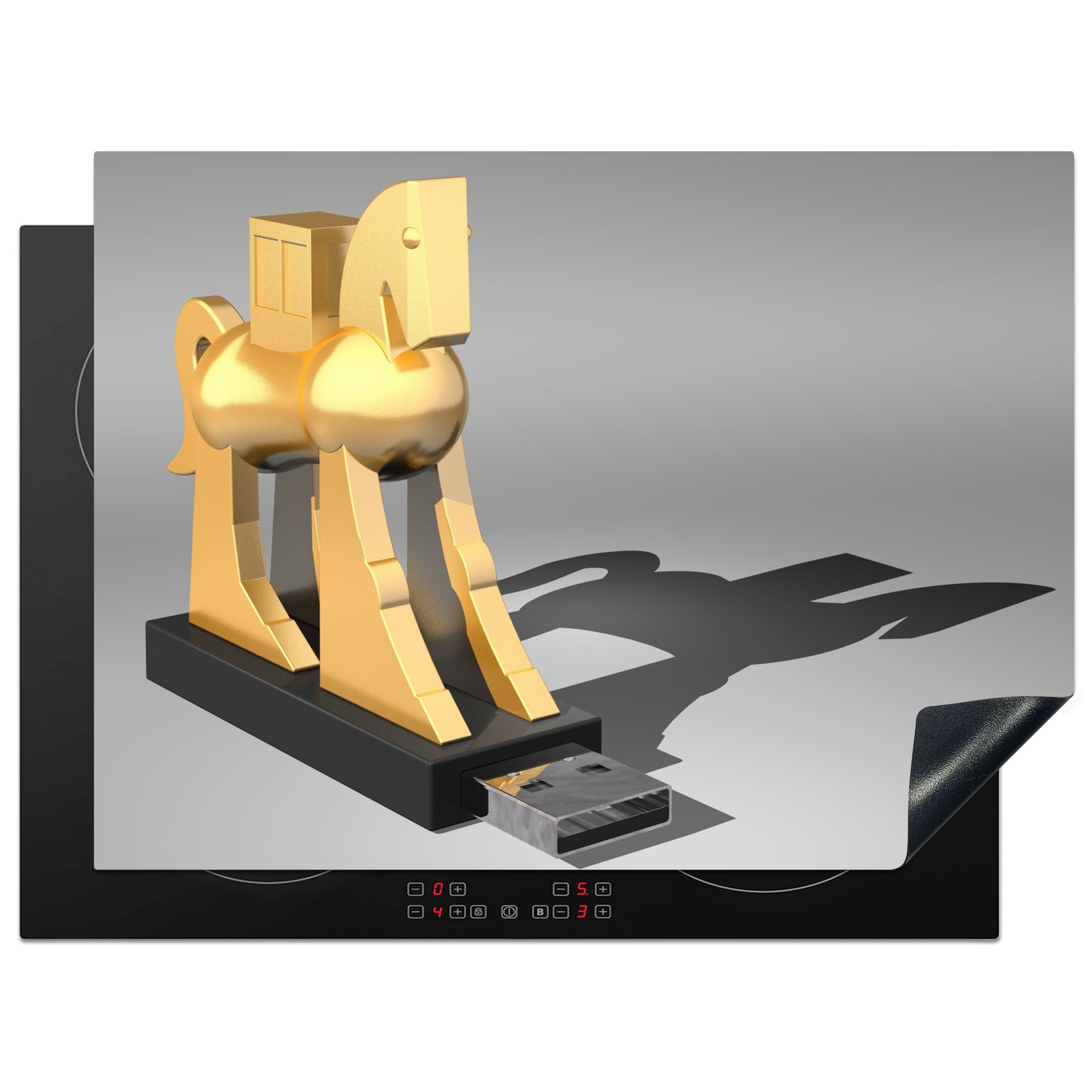 MuchoWow Herdblende-/Abdeckplatte Eine Illustration des trojanischen Pferdes auf einem USB-Stick, Vinyl, (1 tlg), 70x52 cm, Mobile Arbeitsfläche nutzbar, Ceranfeldabdeckung