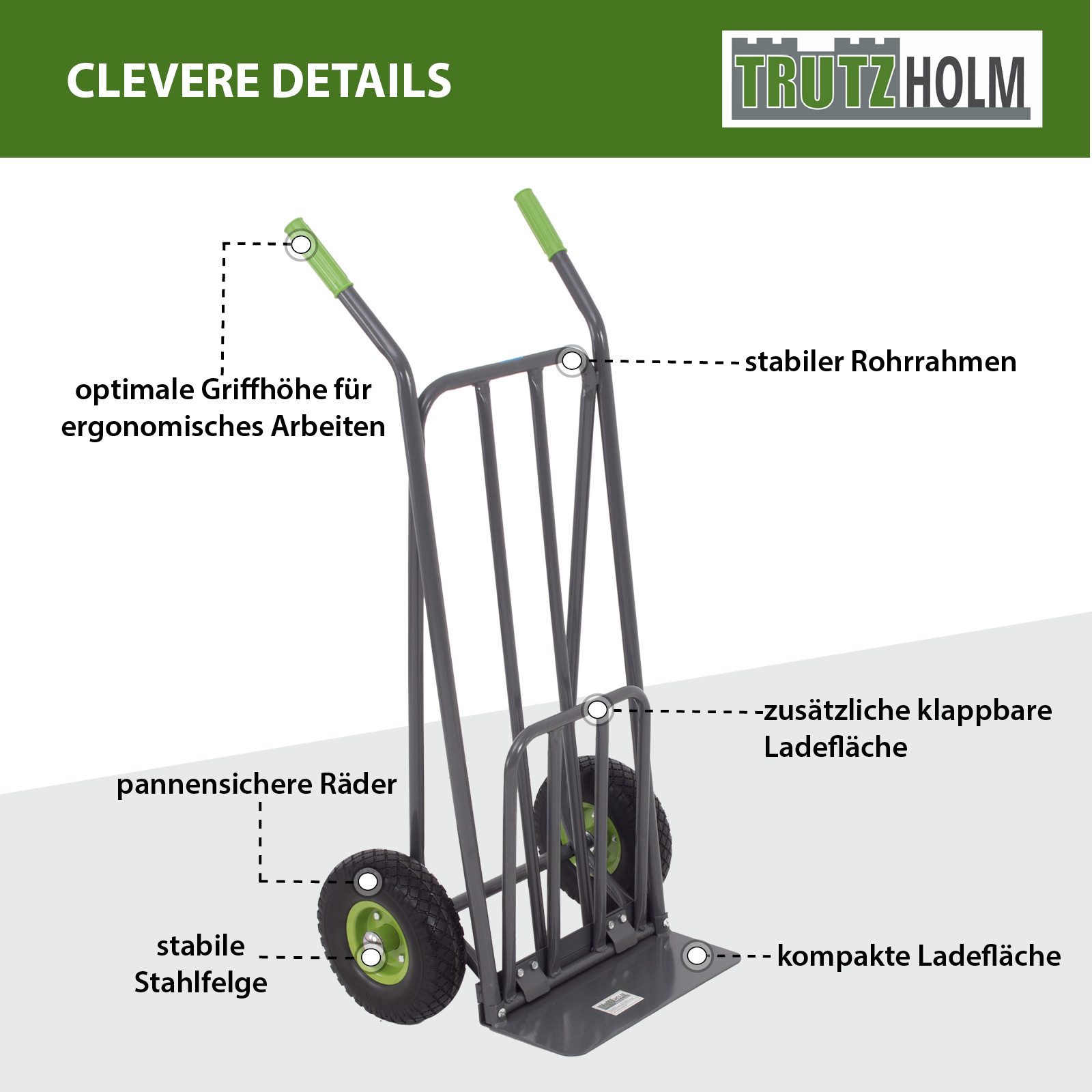 TRUTZHOLM Sackkarre Paketkarre mit extra Ladefläche 42 cm Traglast 250 kg Stahlrahmen, Klappbar – Bild 4 von 5