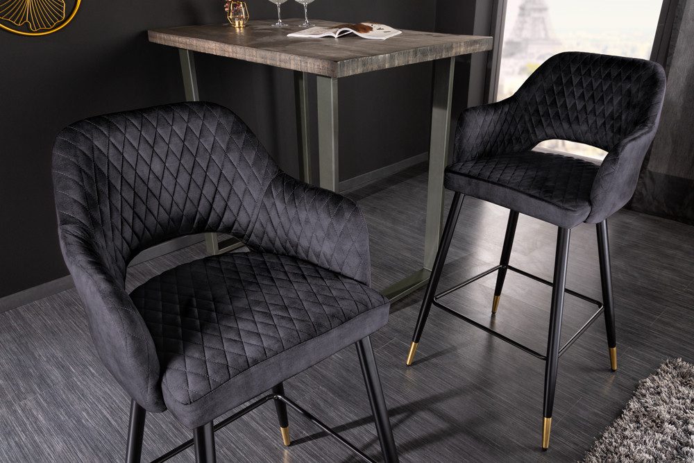 riess-ambiente Barhocker PARIS grau/schwarz/gold - Samt, Metall, mit Armlehne & Ziersteppung (Einzelartikel, 1 St), gepolstert & im edlen Look – ideal für Kücheninsel & Hausbar