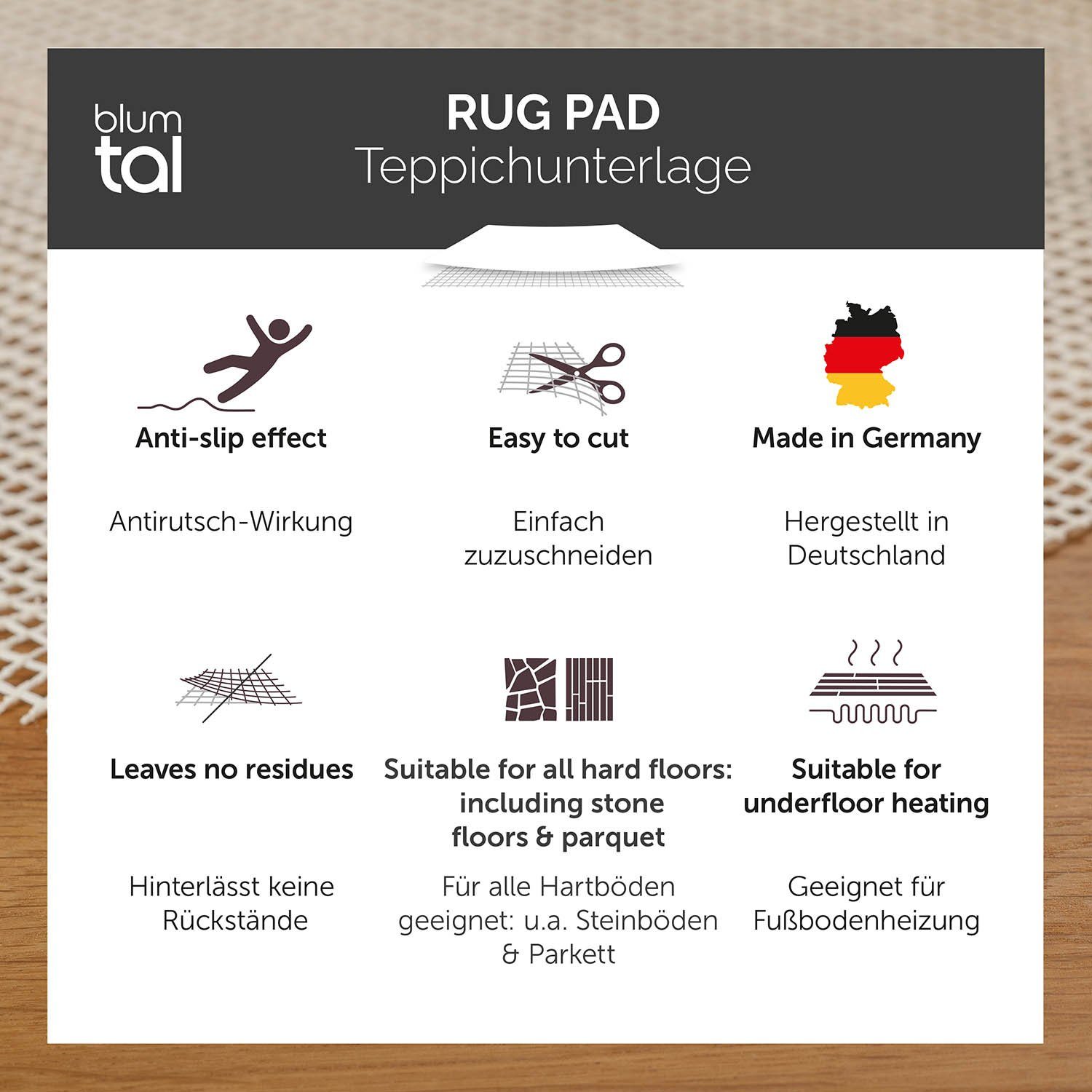 Blumtal Antirutsch Teppichunterlage Antirutschunterlage - unsichtbare Antirutschmatte, Universal Stopper, (individuell zuschneidbar, rutschfest, 1-St), Fußbodenheizung geeignet, Ohne Weichmacher - Made in Germany
