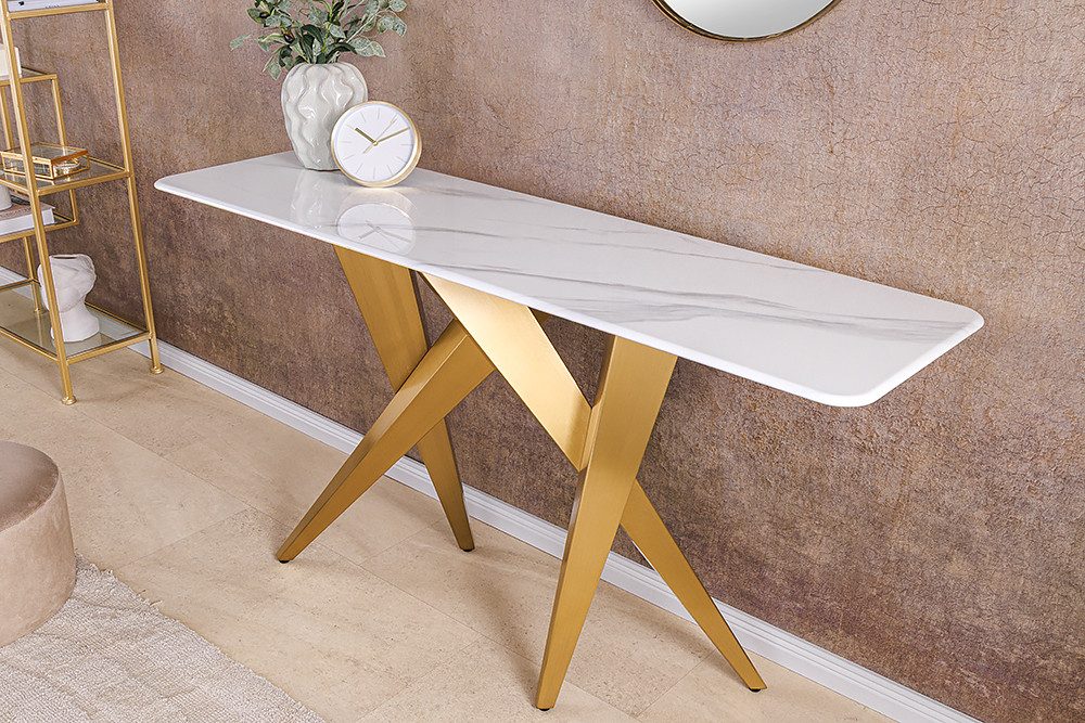 riess-ambiente Konsolentisch ART LIVING 140cm weiß Keramik – champagner gold brushed Metall-Gestell (Einzelartikel, 1-St), Marmor-Optik, für Flur & Wohnbereich geeignet, modernes Design