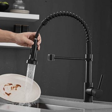 XIIW Waschtischarmatur »Schwarz Küchenarmatur mit Spiralfeder, Messing Wasserhahn Küchen 360°Schwenkbare Spültischarmaturen,Brause ausziehbar- Hochdruck« Höhe 420mm