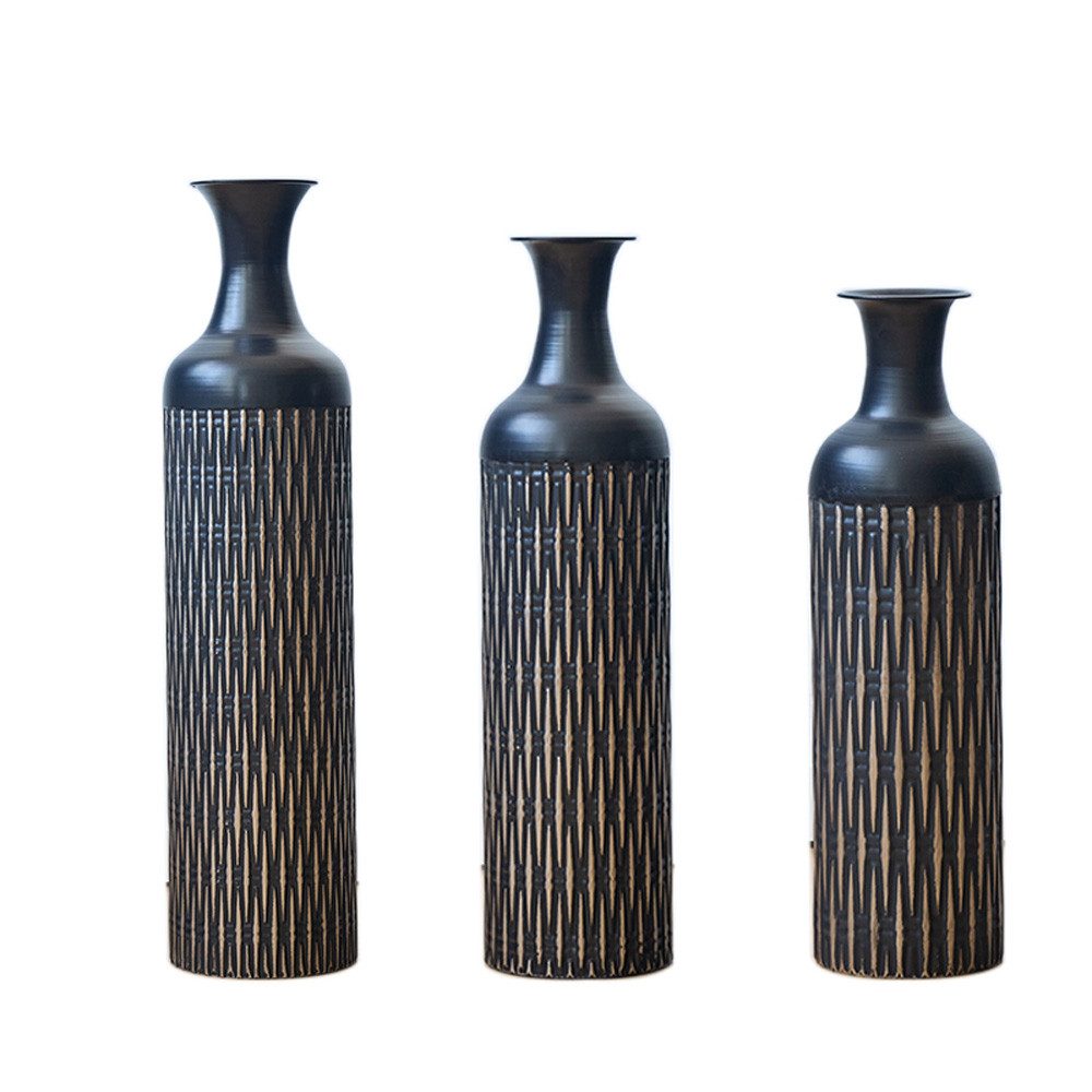 BlingBin Bodenvase Bodenvase Große 3er Set (50/66/83 cm) - Metallvasen mit Rillenmuster (3er Set, 3 St., Groß: 20*20*83CM/Mittel: 17*17*65CM/Klein: 14*14*50CM), Dekorative Vase für Wohnzimmer, Flur und Schlafzimmer, Schwarz