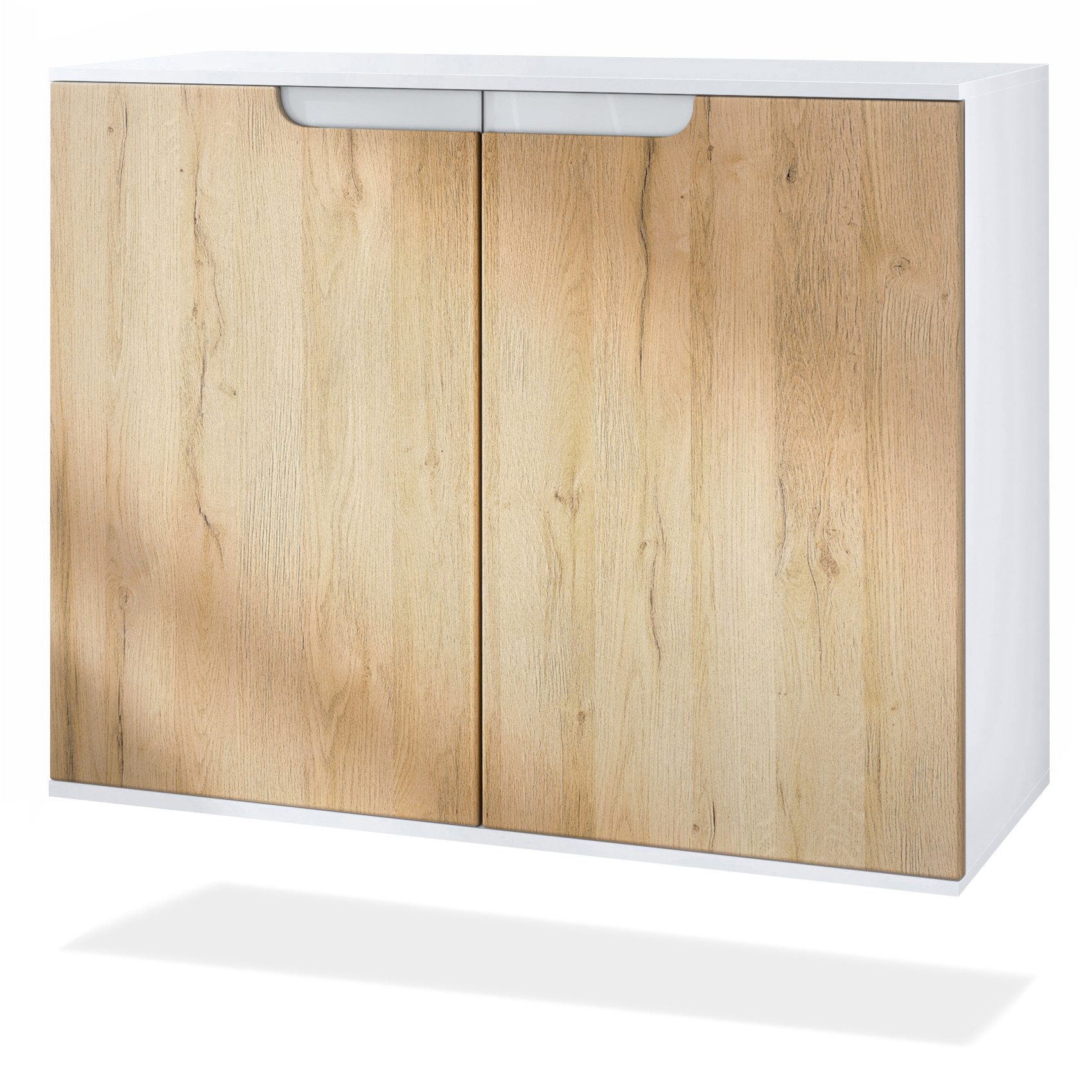 Vladon Kommode Sylt V3 (Moderner Küchenschrank, mit 2 großen Türen), Weiß matt / Eiche Natur (92,5 x 73.5 x 35)