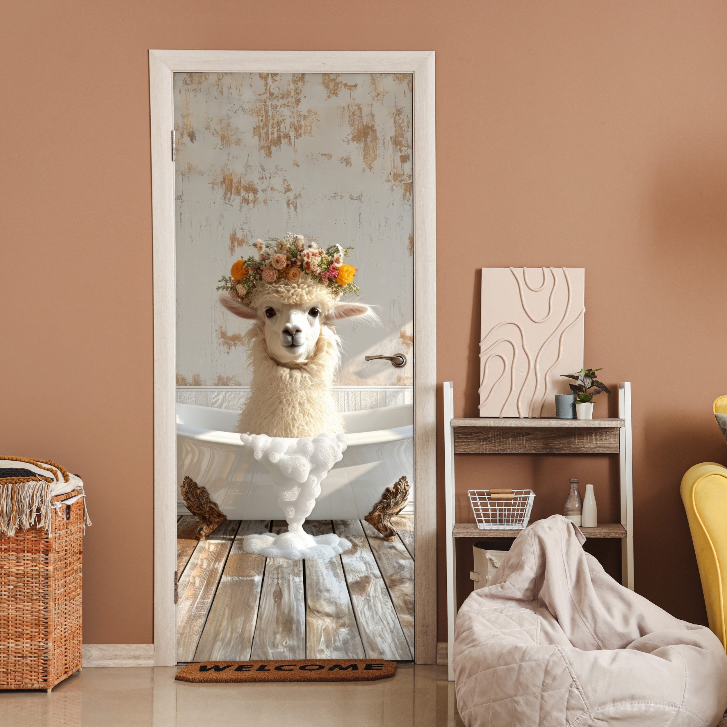 MuchoWow Türtapete Vintage - Alpaka - Badewanne - Blumen - Tiere, Matt, bed günstig online kaufen