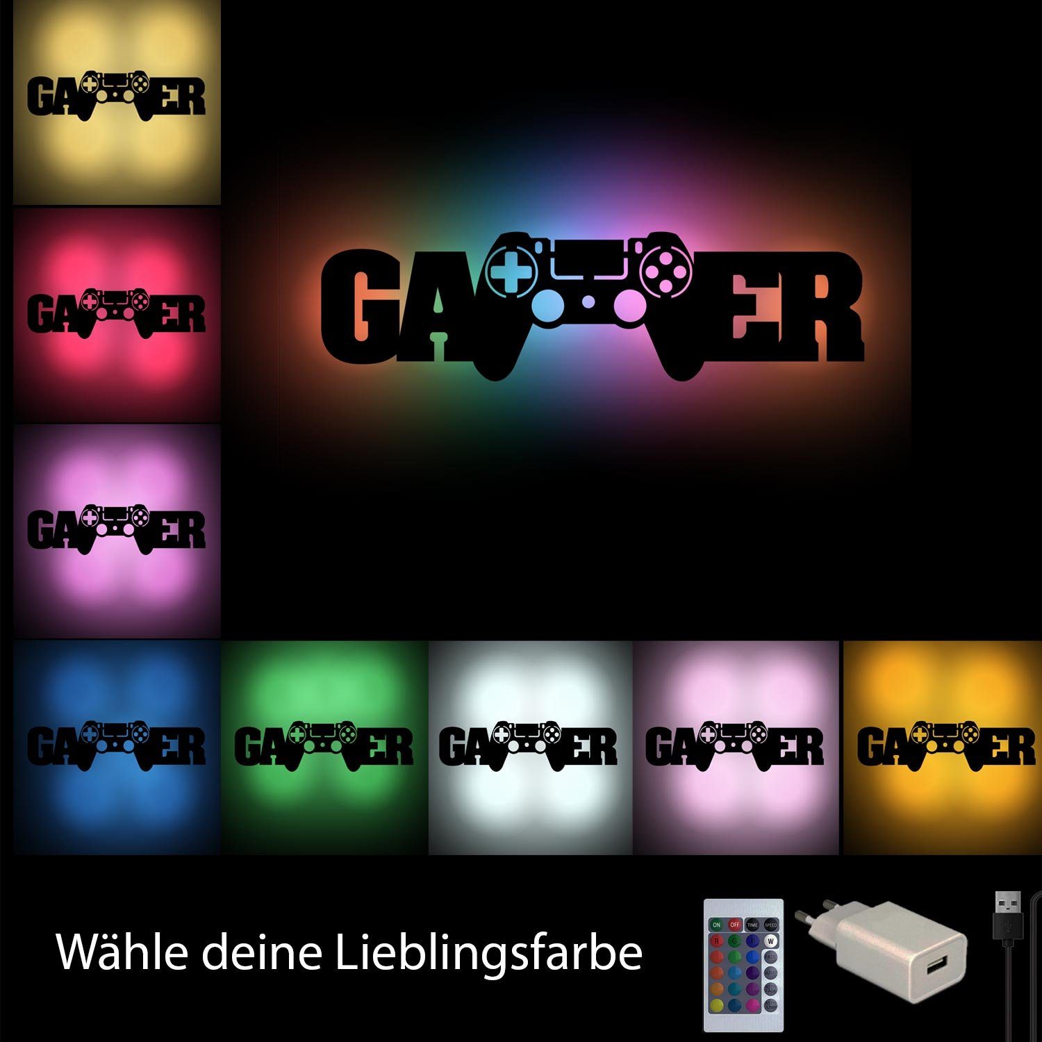 mit Farbwechsel, Gaming fest LED Gamer Controller - RGB Wohnzimmer LED mit Dekolicht Namofactur Wanddekoobjekt Licht Gamer integriert, Leuchte Fernbedienung Wanddeko Hellblau USB
