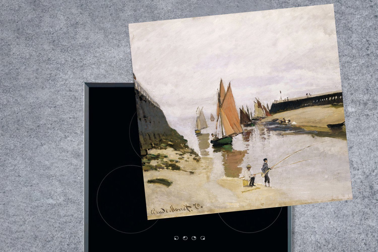 tlg), Arbeitsplatte für - Claude von Ceranfeldabdeckung, Vinyl, Trouville MuchoWow den Hafen in 78x78 cm, küche Einfahrt Herdblende-/Abdeckplatte Monet, (1