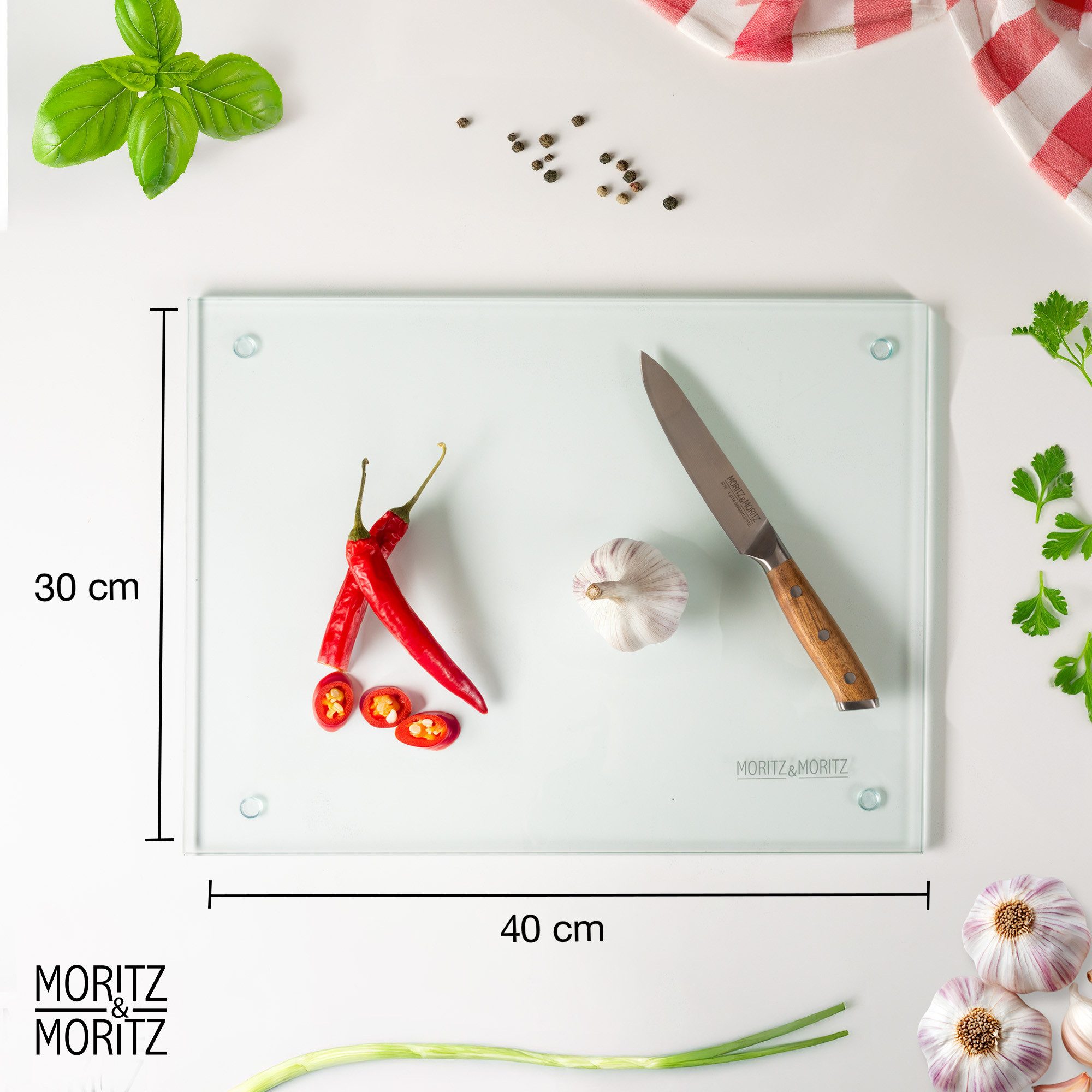 Moritz & Moritz Schneidebrett Glasschneidebrett 40x30cm, Glas, (Einzelset, 1-St), 8mm Dicke Kratzfest, Hitzebeständig & Lebensmittelecht