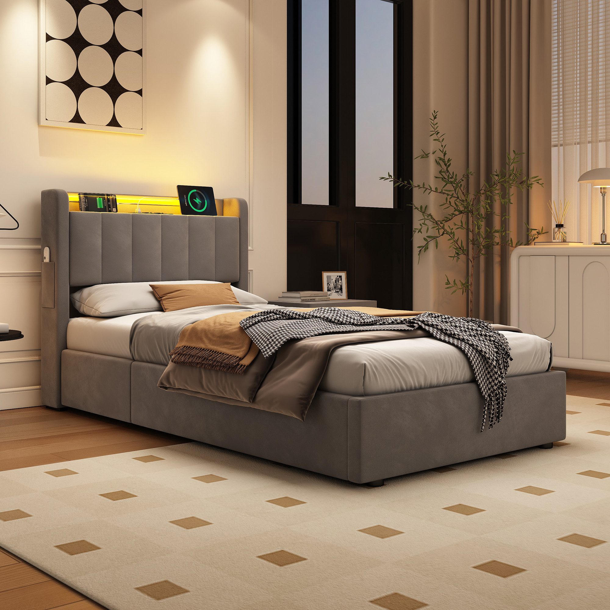 OKWISH Polsterbett mit Hydraulik, LED-Beleuchtung, Steckdosen und USB-Ladeanschlüssen (Funktionsbett, 1-tlg., 90x200 cm, Samt,ohne Matratze), Kopfteil mit Einlegeböden und Stauraum