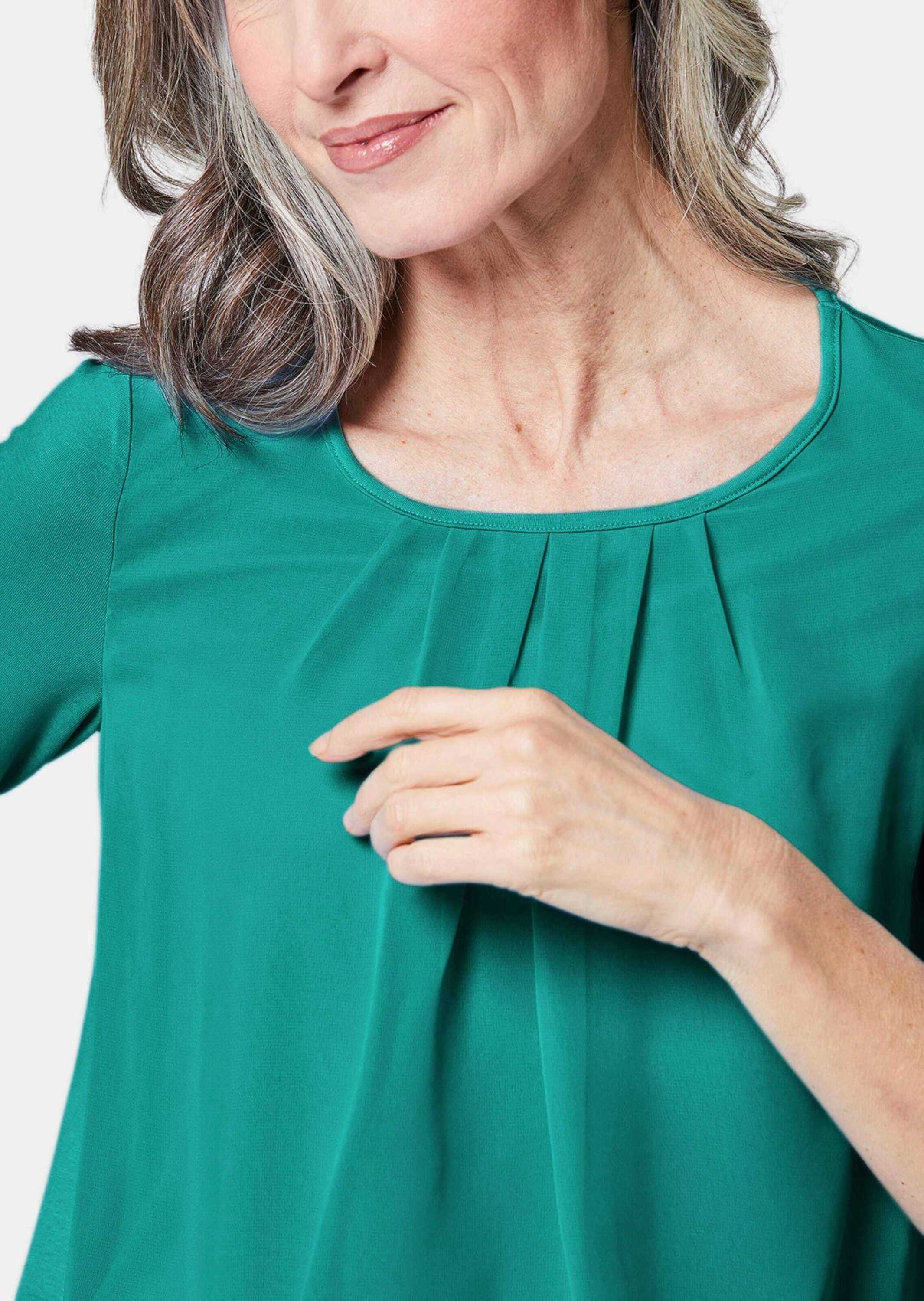 eleganter Shirt Blusen-Optik GOLDNER Kurzarmbluse in smaragdgrün Gepflegtes