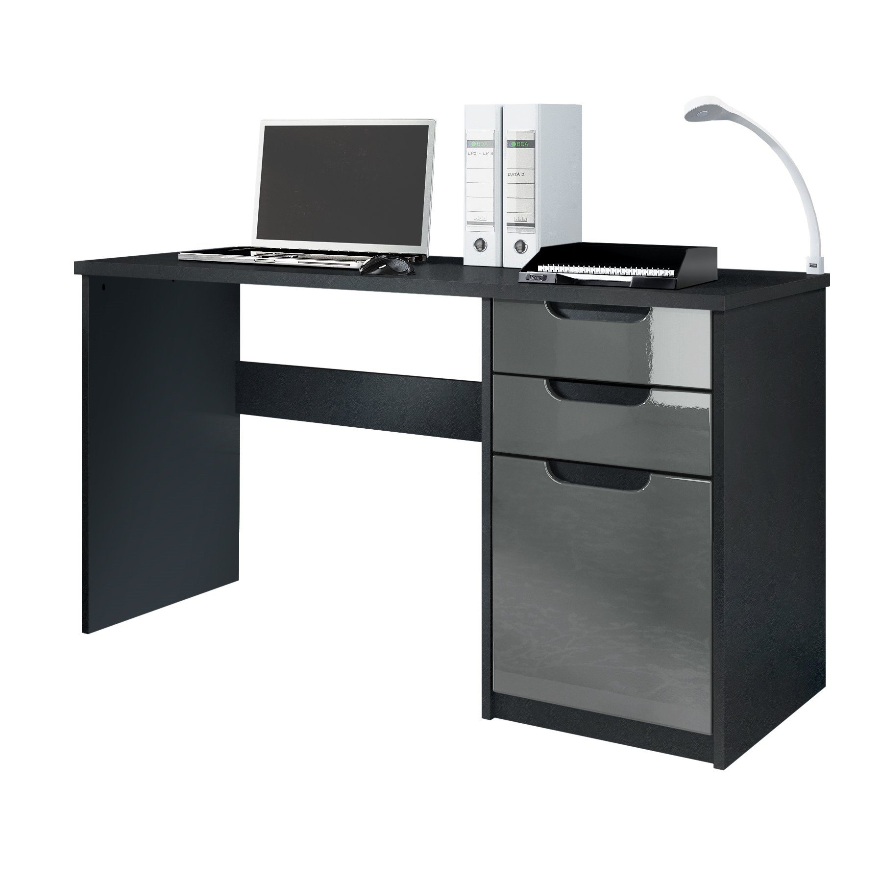 Vladon Schreibtisch Logan (Bürotisch, mit 2 Schubladen und 1 Tür), Schwarz matt/Grau Hochglanz (129 x 76 x 60 cm) Fronten in Grau Hochglanz