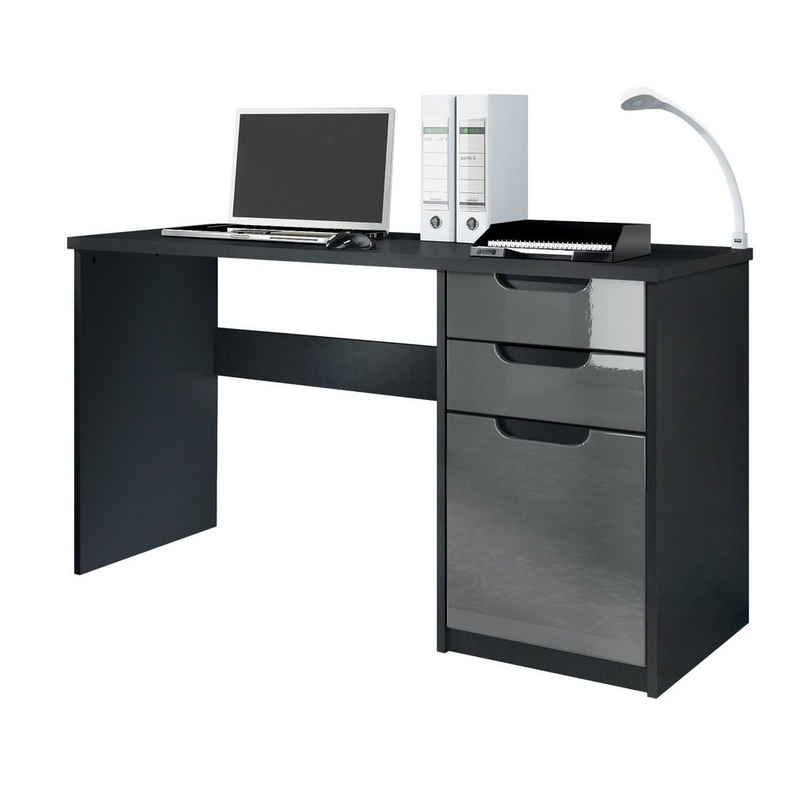Vladon Schreibtisch Logan (Bürotisch, mit 2 Schubladen und 1 Tür), Schwarz matt/Grau Hochglanz (129 x 76 x 60 cm)