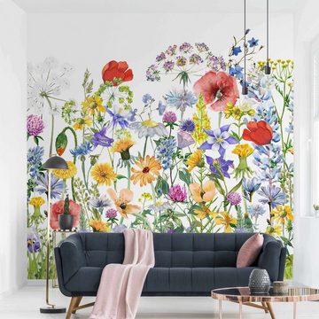 Bilderdepot24 Fototapete Blumen Aquarell Blumenwiese Blumentapete Floral Natur Modern Kunst, Glatt, Matt, (Vliestapete inkl. Kleister oder selbstklebend), Wohnzimmer Schlafzimmer Küche Flur Motivtapete Vliestapete Wandtapete