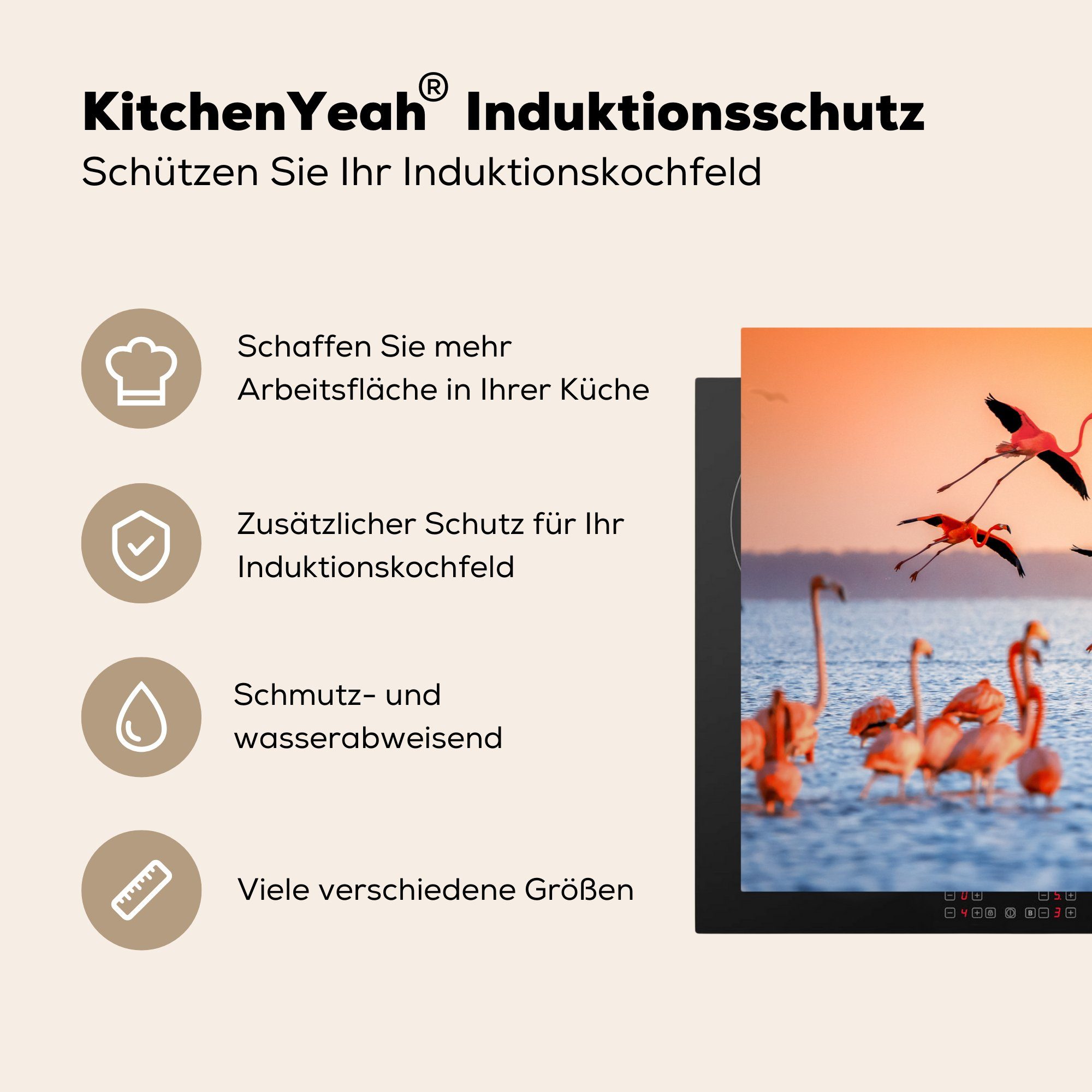 MuchoWow Herdblende-/Abdeckplatte Vogel 81x52 tlg), Wasser cm, Vinyl, Arbeitsplatte - Ceranfeldabdeckung, Sonnenuntergang küche für (1 Rosa, - Flamingo - 