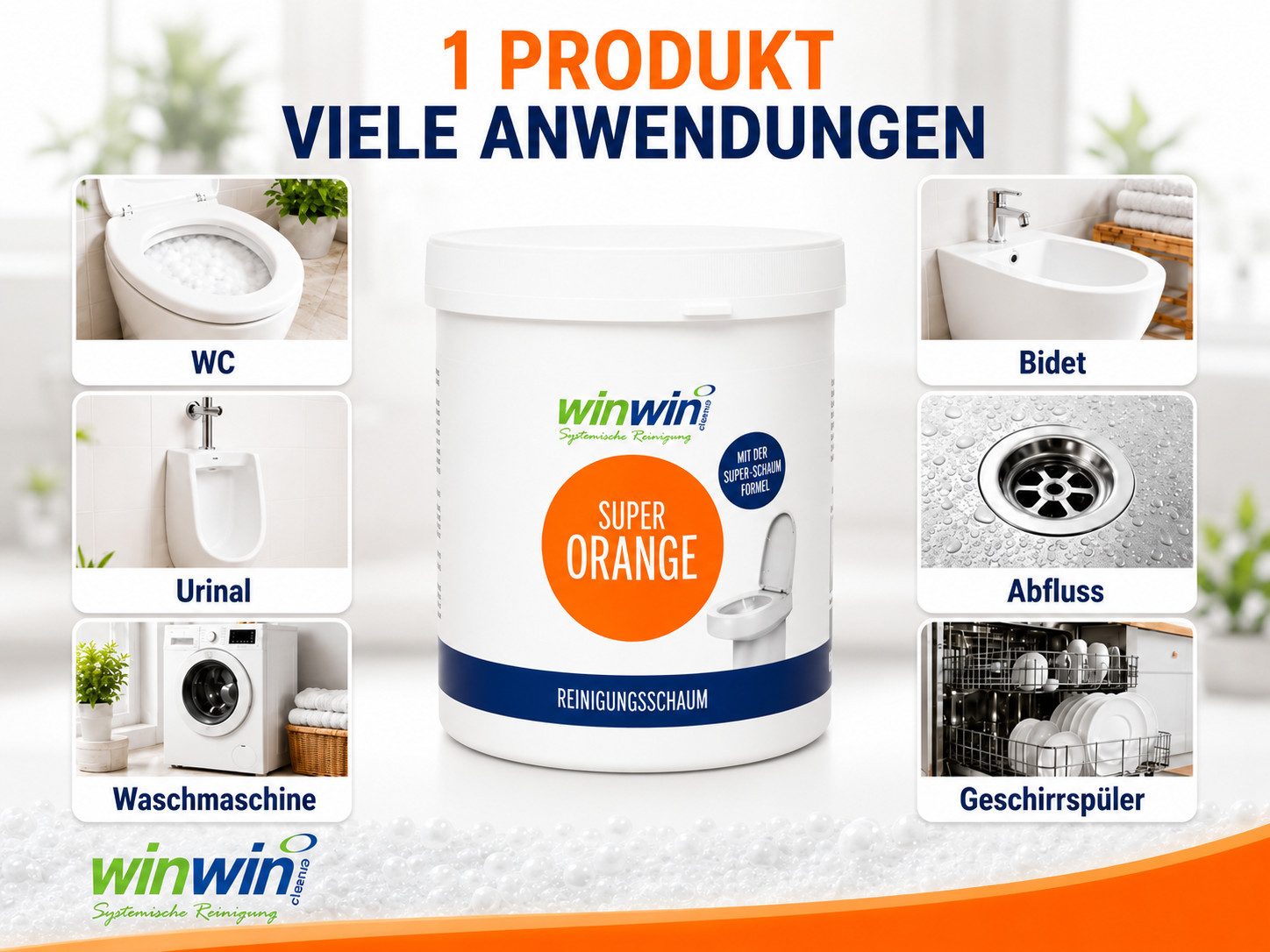 winwinCLEAN Super WC Schaum Universalpulver mit Messbecher Kalk I Urinstein I Fett Universalreiniger (1x Super WC-Reiniger Universalschaum 1kg Entfernt Urinstein, Kalk und Fett – mit frischem Duft)