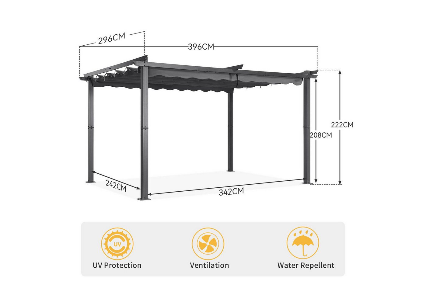 Thumbnail - Angel Living Pavillon 3x4m Garten-Pergola Aluminium anthrazit, Dachrohre aus Stahl, Verstellbares Dach aus Polyester Gra...