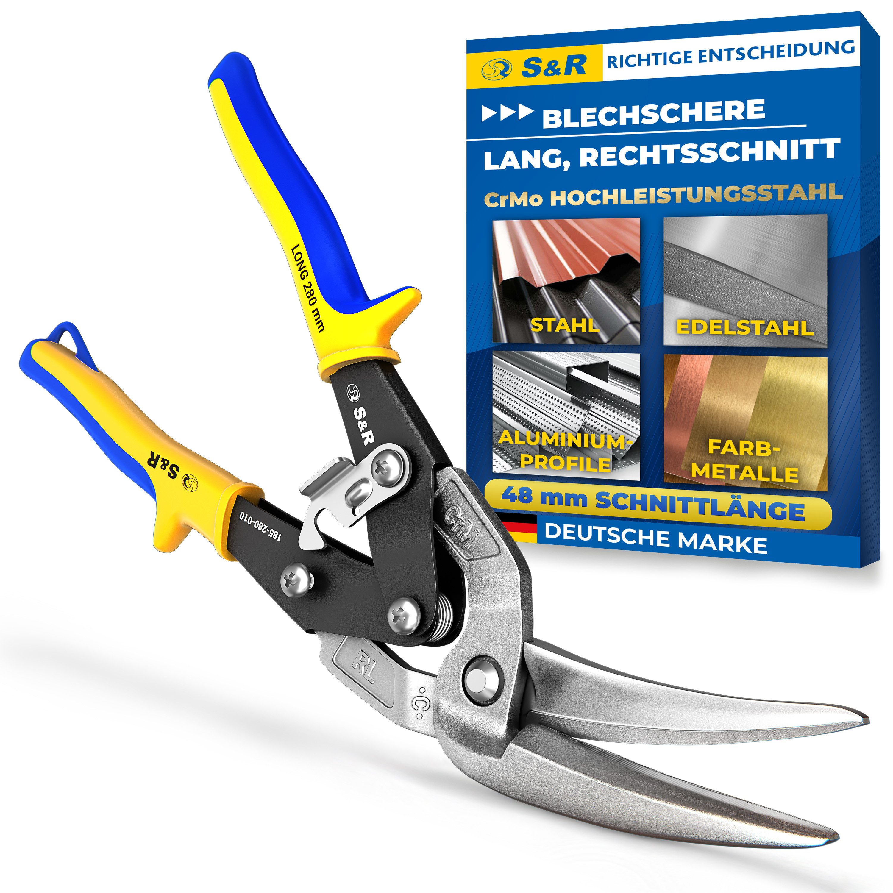 S&R Blechschere S&R Blechschere Rechsschnitt 280mm mit CrMo-Stahlklingen, (1-tlg), Für Heizung, Sanitär, Automobilbau sowie beim Verlegen von Leitungen