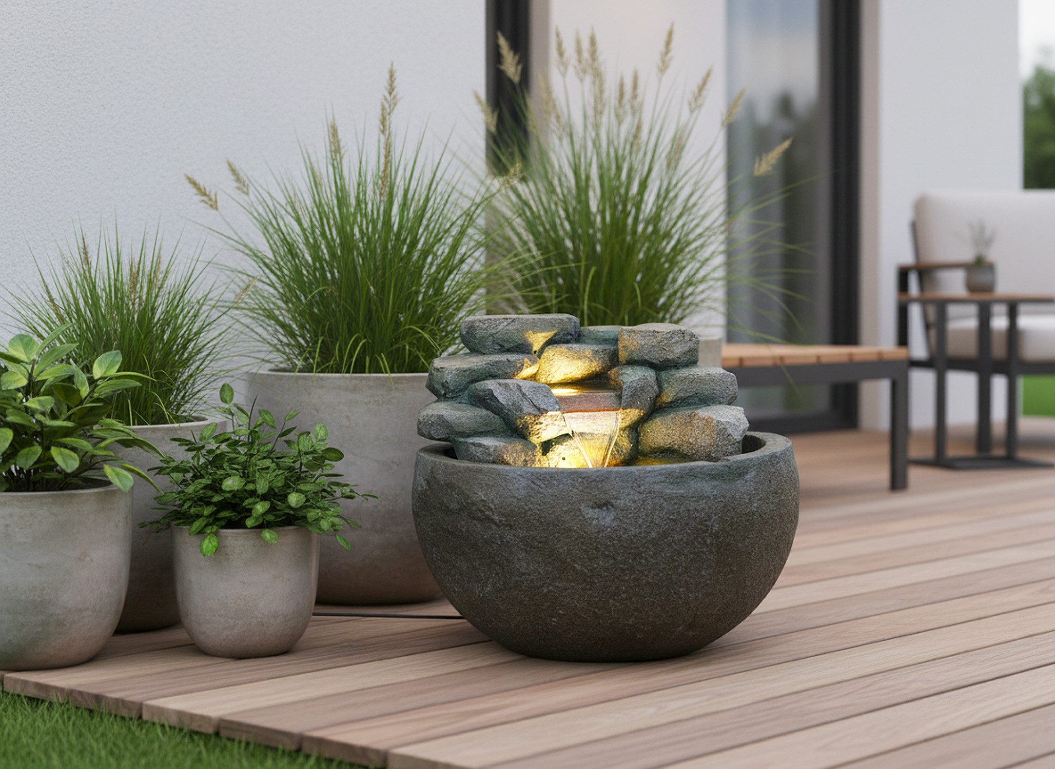 Arnusa Gartenbrunnen Springbrunnen BK911 runder Wasserfall Brunnen mit LED Beleuchtung, Steinoptik Gartenteich Dekoteich