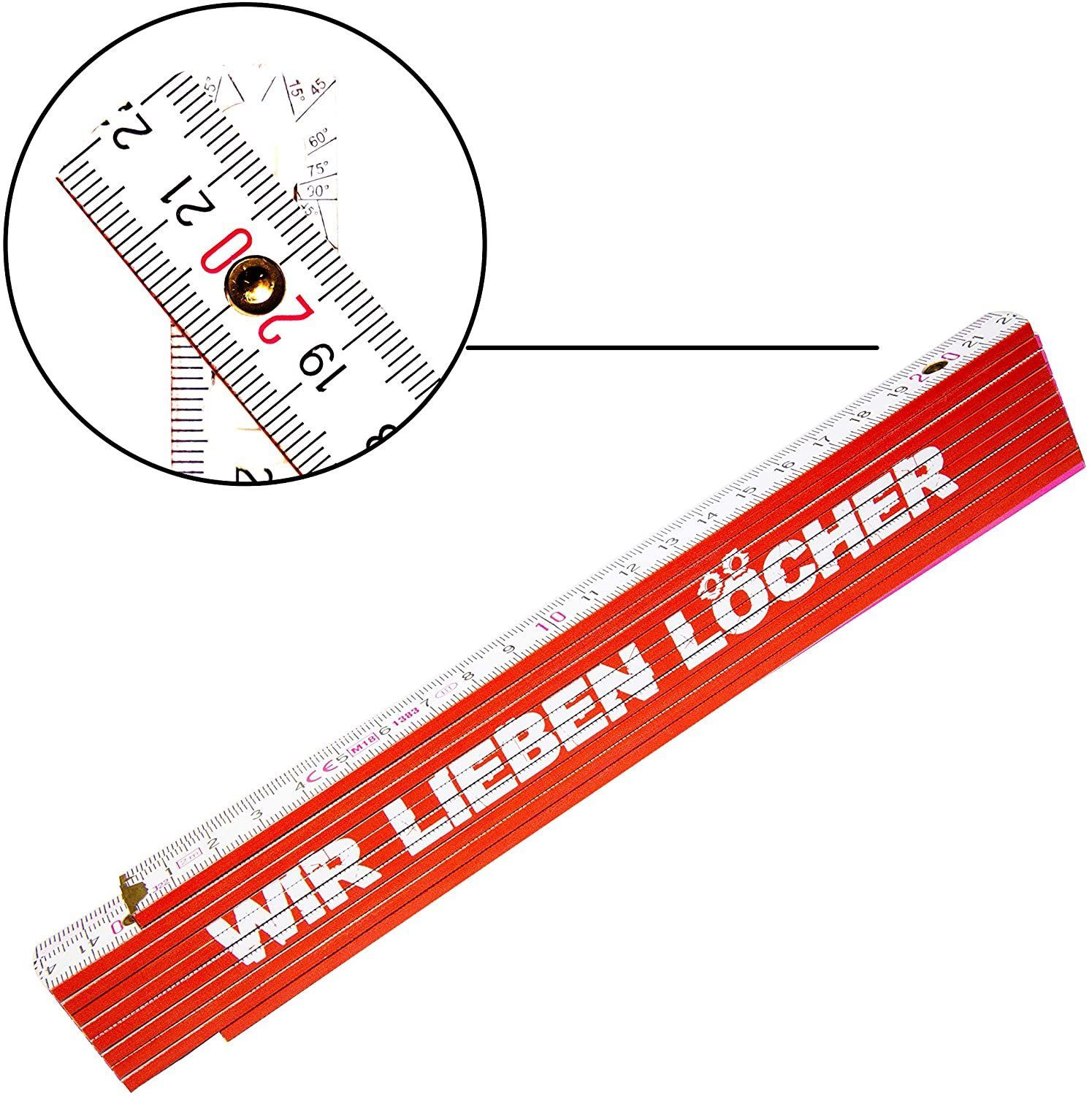 TOX-DÜBEL-TECHNIK Zollstock Meterstab 2 meter, farbenfroh mit cooler Beschriftung, in verschiedenen Farben und mit verschiedenen Sprüchen "…wir lieben Löcher!" (rot/weiß)
