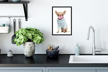 MuchoWow Poster Hund - Kaugummi pusten - Chihuahua - Spaß für Kinder - Mädchen -, (1 St), Gerahmtes Poster, Wanddeko, Bilder, Wandposter, Schwarzem Bilderrahmen