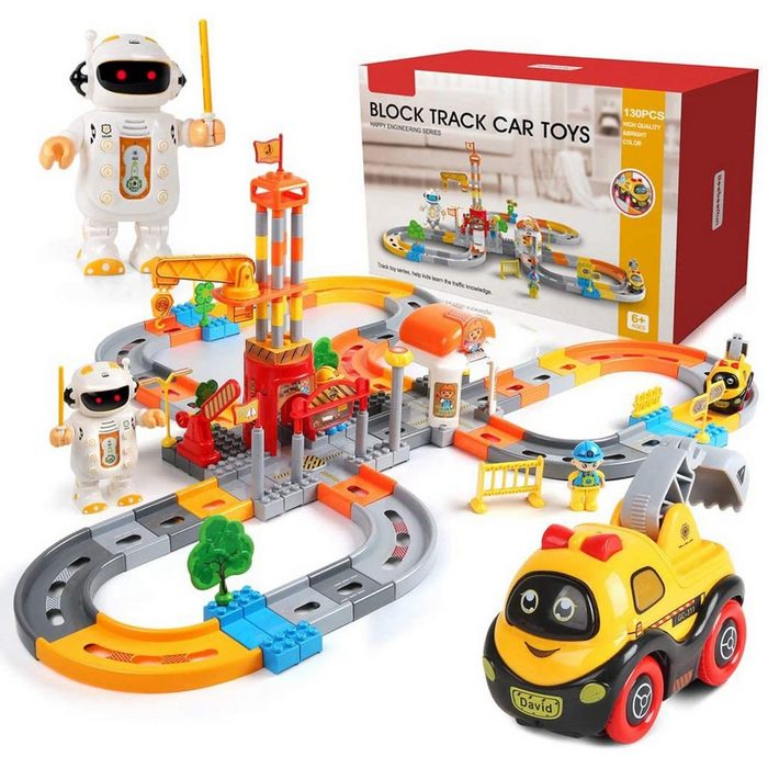 Arkmiido Lernspielzeug Roboter Magic Rennbahn Tracks Auto 130 Stück für Kinder ab 3 Jahren Holzspielzeug Laufbahn mit Schienen und Auto Weihnachtsgeschenk