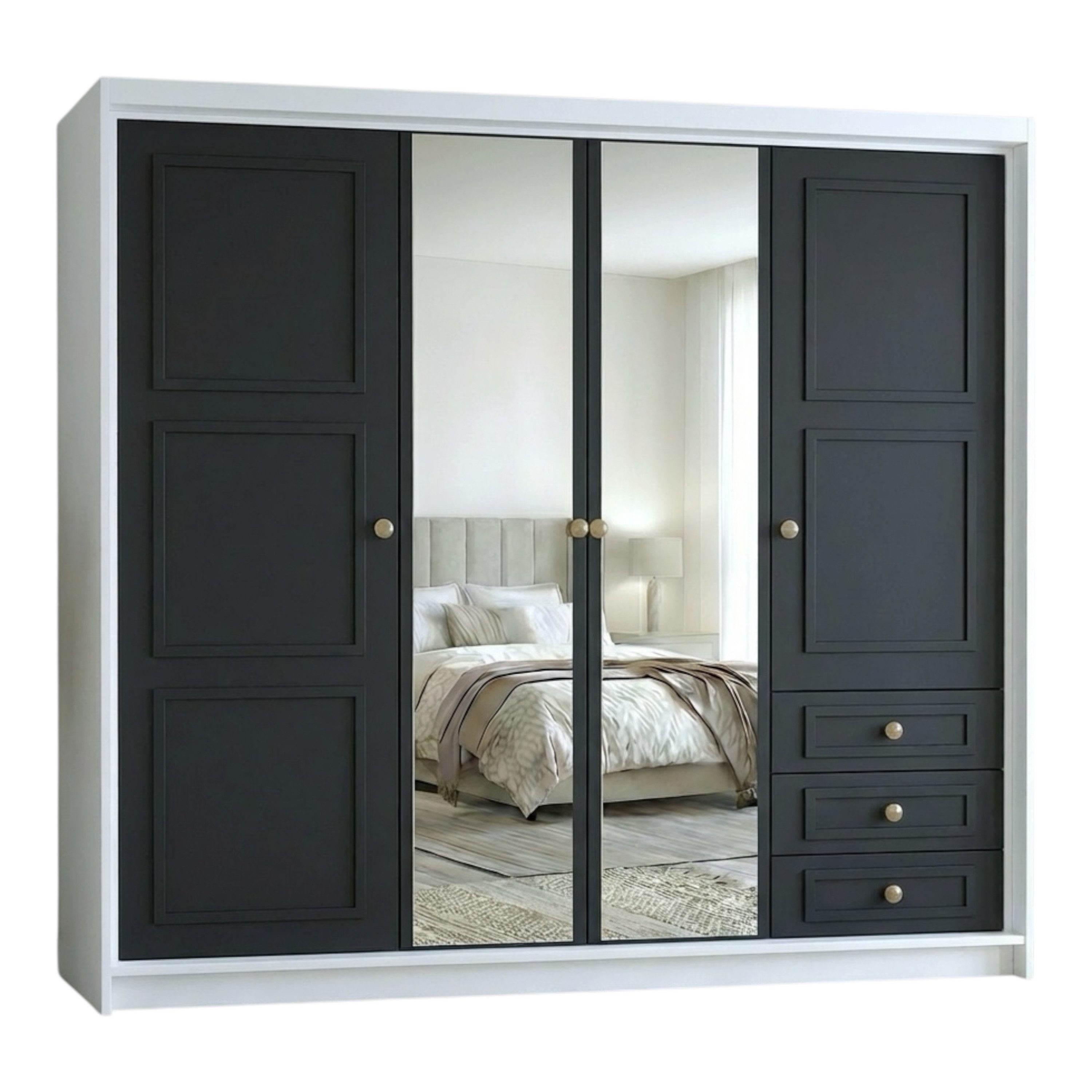 A&J MöbelLand GmbH Drehtürenschrank OSLO viertüriger Kleiderschrank mit Schubladen und Metallgriffen (Geräumiger viertüriger Kleiderschrank mit Schubladen und Metallgriffen. Geräumiger Schrank mit einer Breite von 200 cm und Schubladen, ideal zur Aufbewahrung von Kleidung und Accessoires. Viel Stauraum. TOP PRODUKT! Wählen Sie das ideale Modell für Ihr Schlafzimmer!, TOP ANGEBOT) Breite: 200 cm, Höhe: 215 cm, Tiefe: 59,5 cm