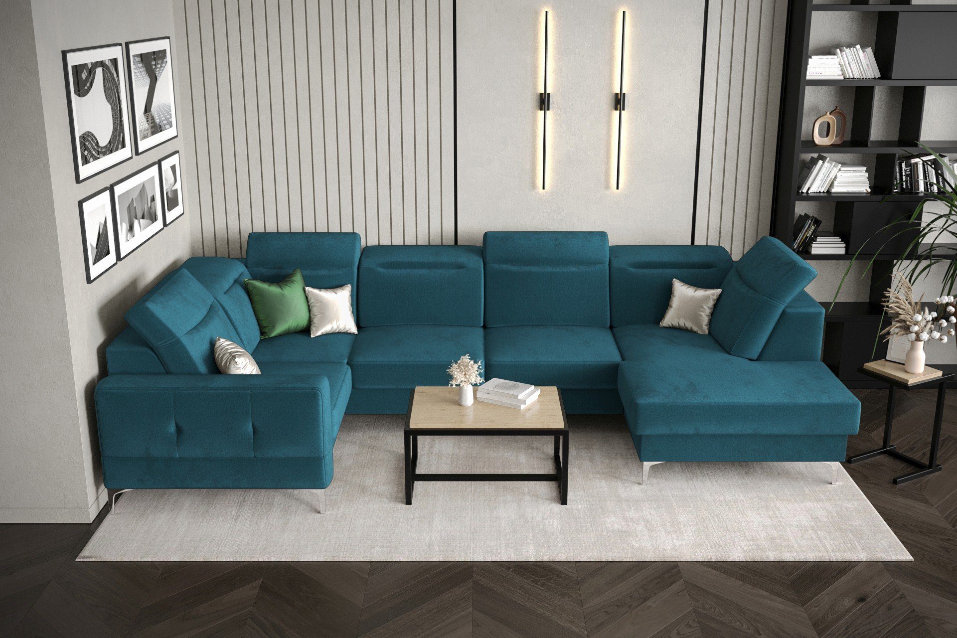 Möbel für Dich Wohnlandschaft Ecksofa in U-Form Malibu Max2 mit Bettkasten und Schlaffunktion Veloursstoff Element 21 Blau