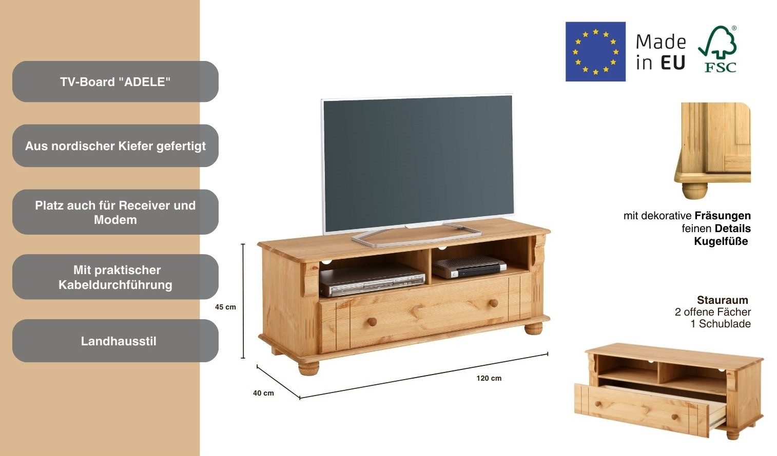 OTTO home TV-Board Adele, Sideboard, Kommode, Breite 120 cm, mit Schublade, aus massiver Kiefer, FSC®