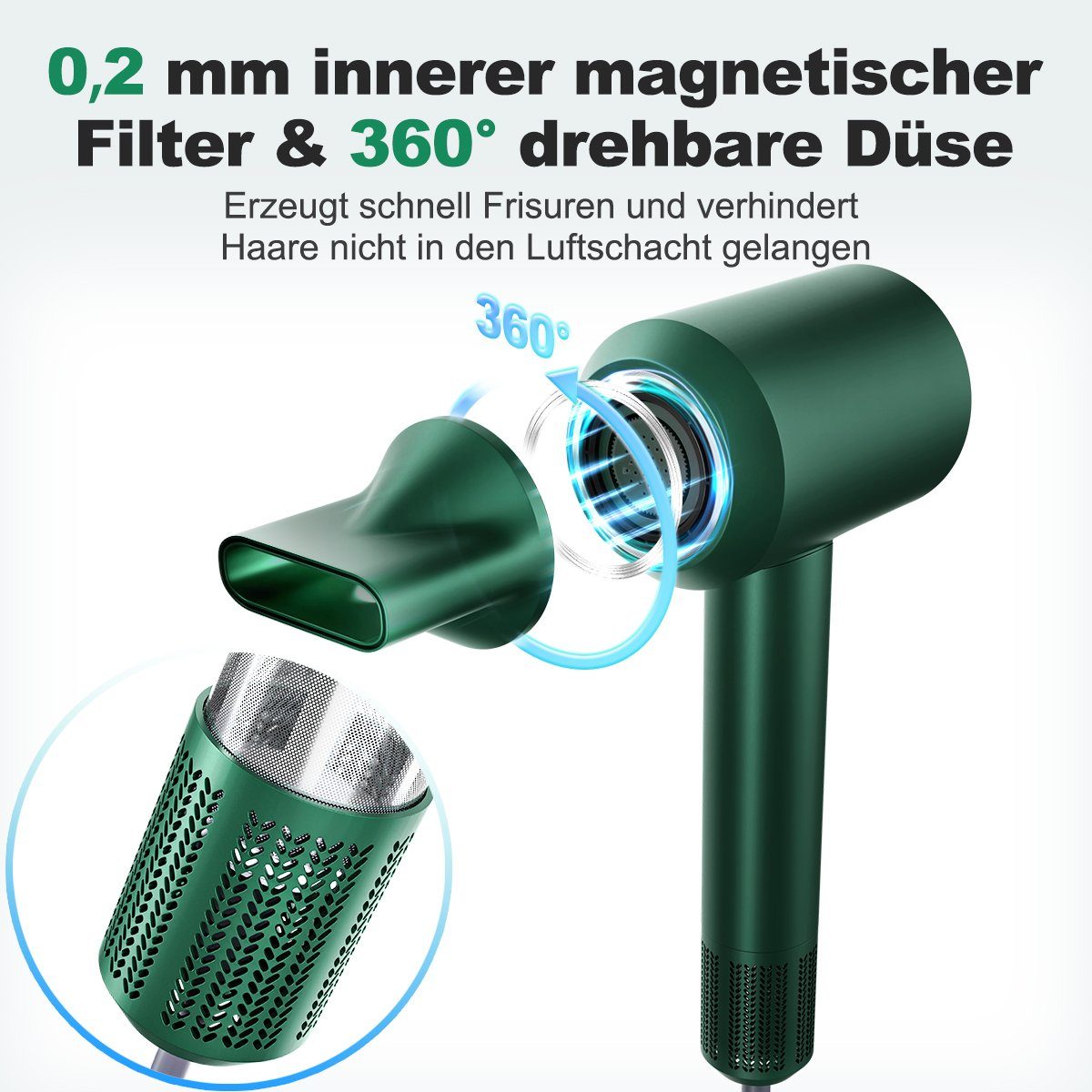 7Magic Haartrockner 110.000 U/min Ionic-Haartrockner, Hochgeschwindigkeits W, Grün 1400,00 Magnetdüse bürstenlosem 23m/s, 360° Motor, abnehmbarer NTC-Steuerung