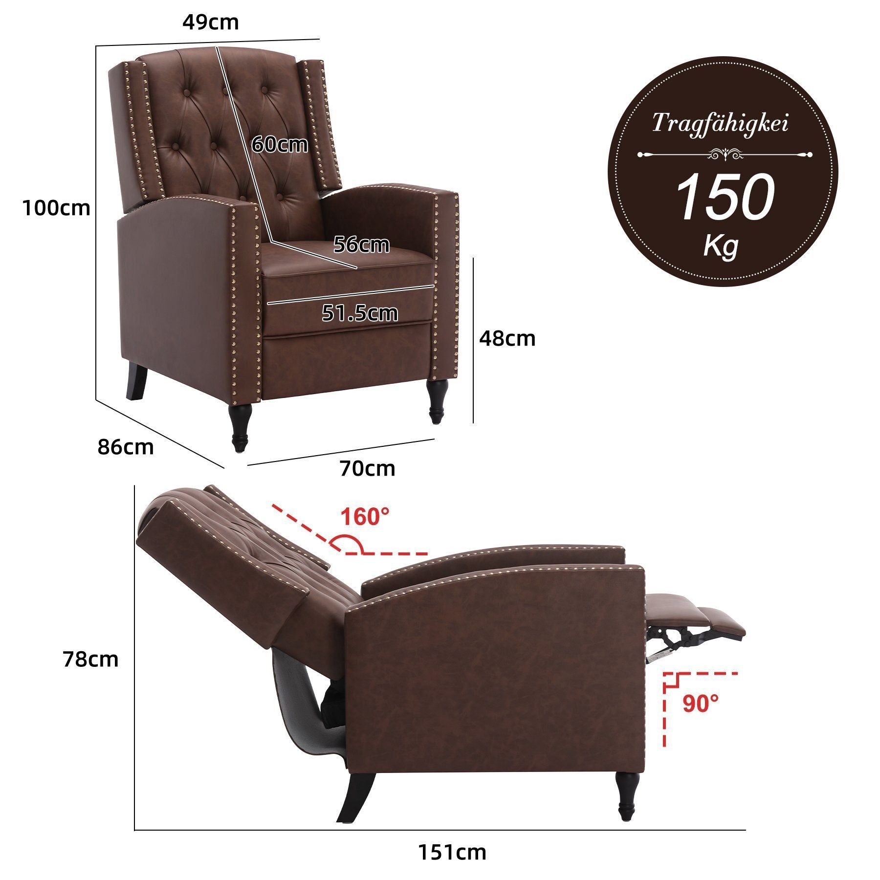 HomeMiYN Relaxsessel Relaxsessel liegefunktion Push Back Sessel Fernsehsessel Wohnzimmer, Verstellbar