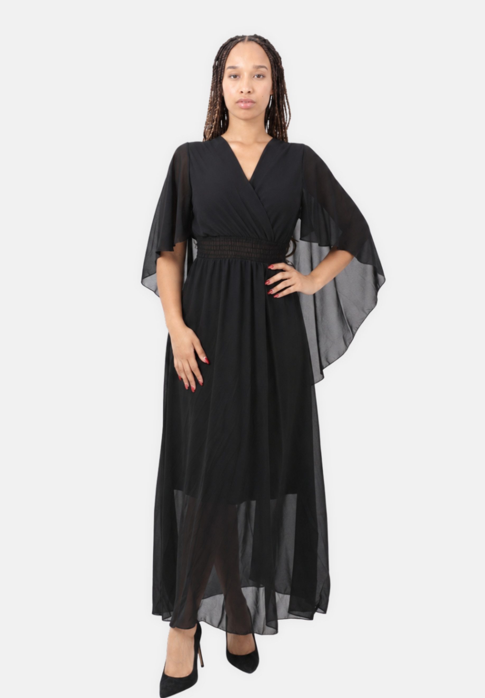 Maxikleid Wickelausschnitt mit Chiffonärmeln und Smoktaille