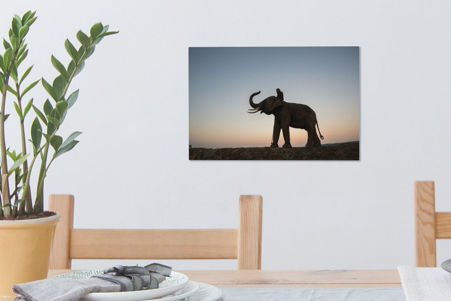 bunten Wanddeko, Aufhängefertig, St), Illustration 30x20 Sonnenuntergang, Wandbild Leinwandbilder, eines cm (1 Elefanten einem mit Leinwandbild OneMillionCanvasses®
