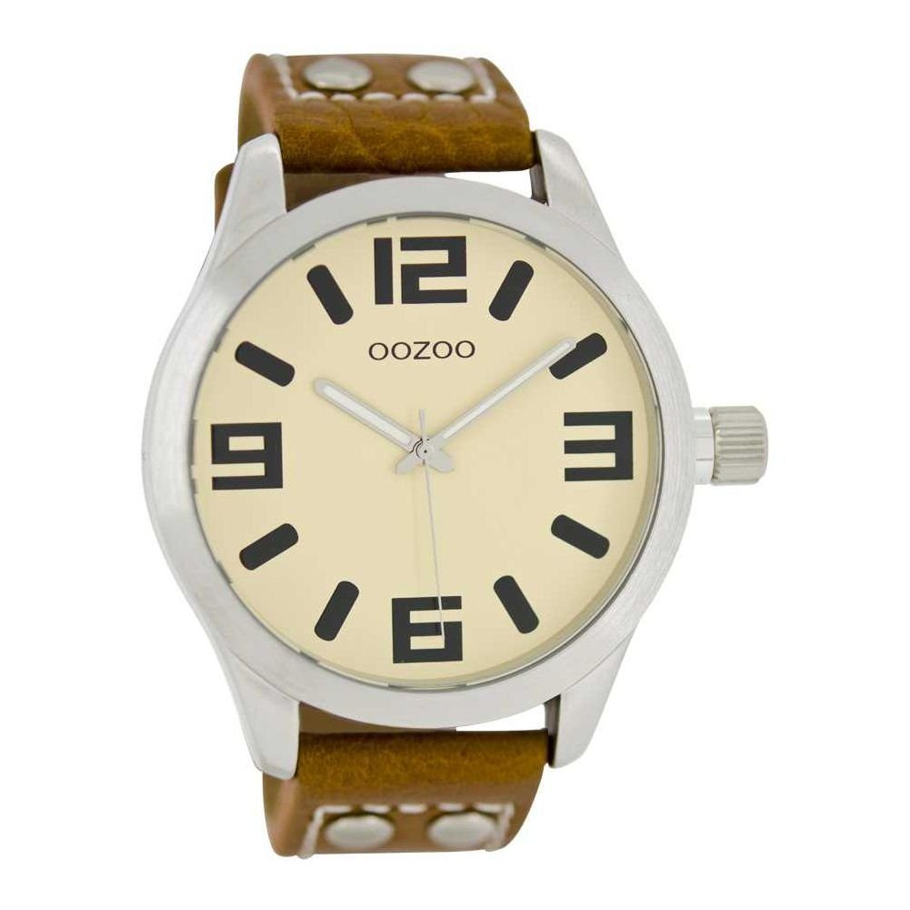 OOZOO Quarzuhr Basic Line Armbanduhr C1052 creme-cognac Lederband mit Nieten 47 mm