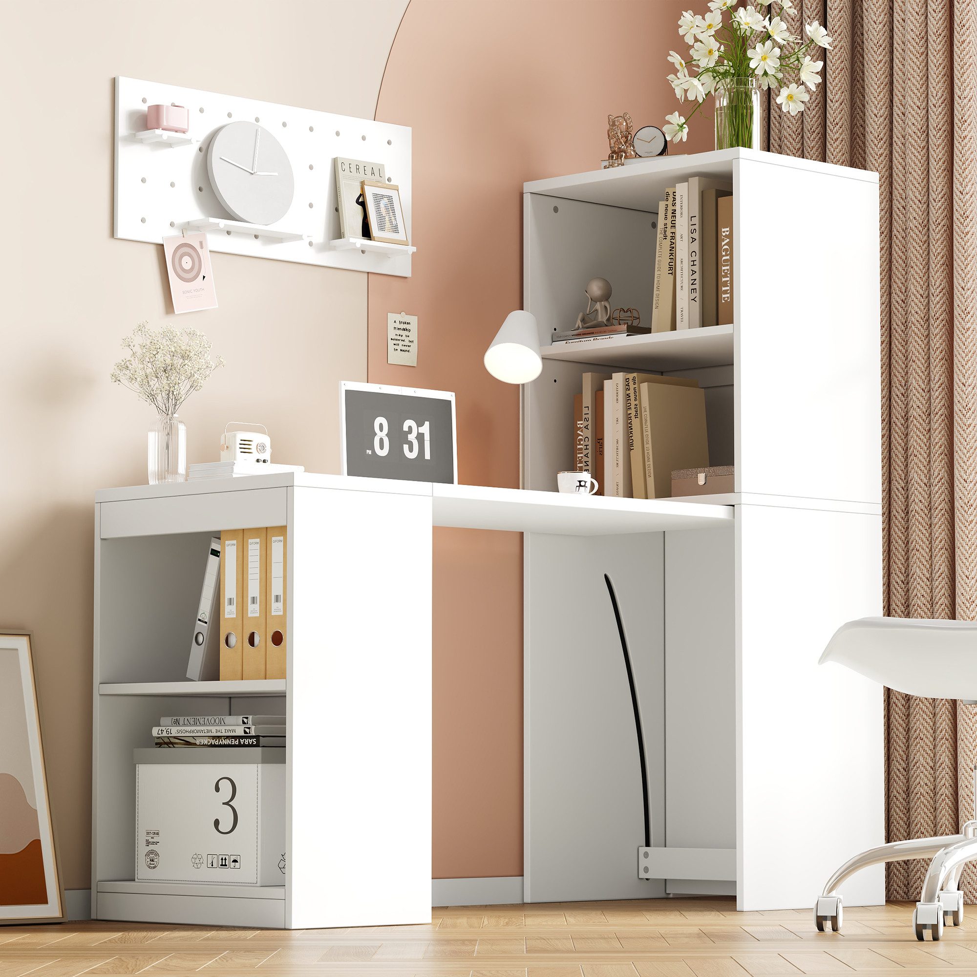 Flieks Regal-Schreibtisch L-Form multifunktionaler Klapptisch mit Rollen&Bücherregal 2-in-1 (Tischplatte: 90x51 cm, Standregal: 55x40x137 cm, Gesamtlänge 130 cm – Bild 2 von 5