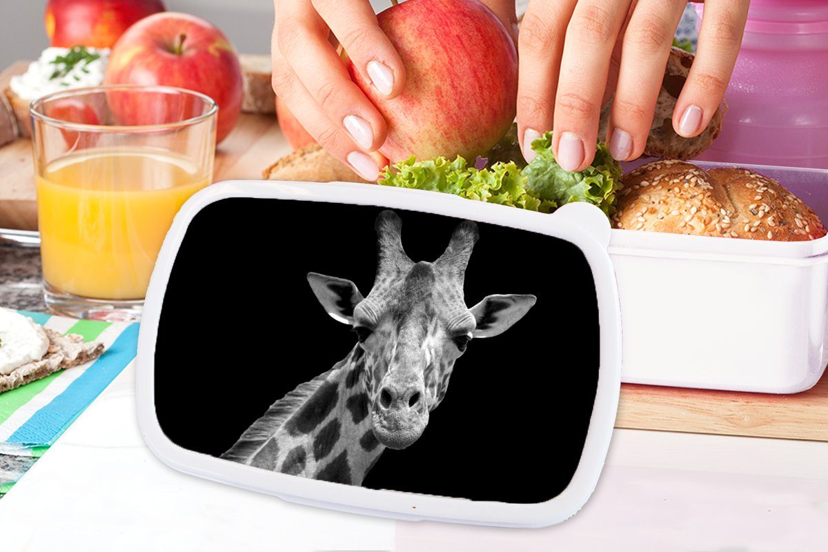 - und Brotdose, MuchoWow Schwarz Giraffe - und - Porträt, Kunststoff, für Lunchbox Erwachsene, für Jungs Wildtiere (2-tlg), Weiß Mädchen - Kinder Brotbox