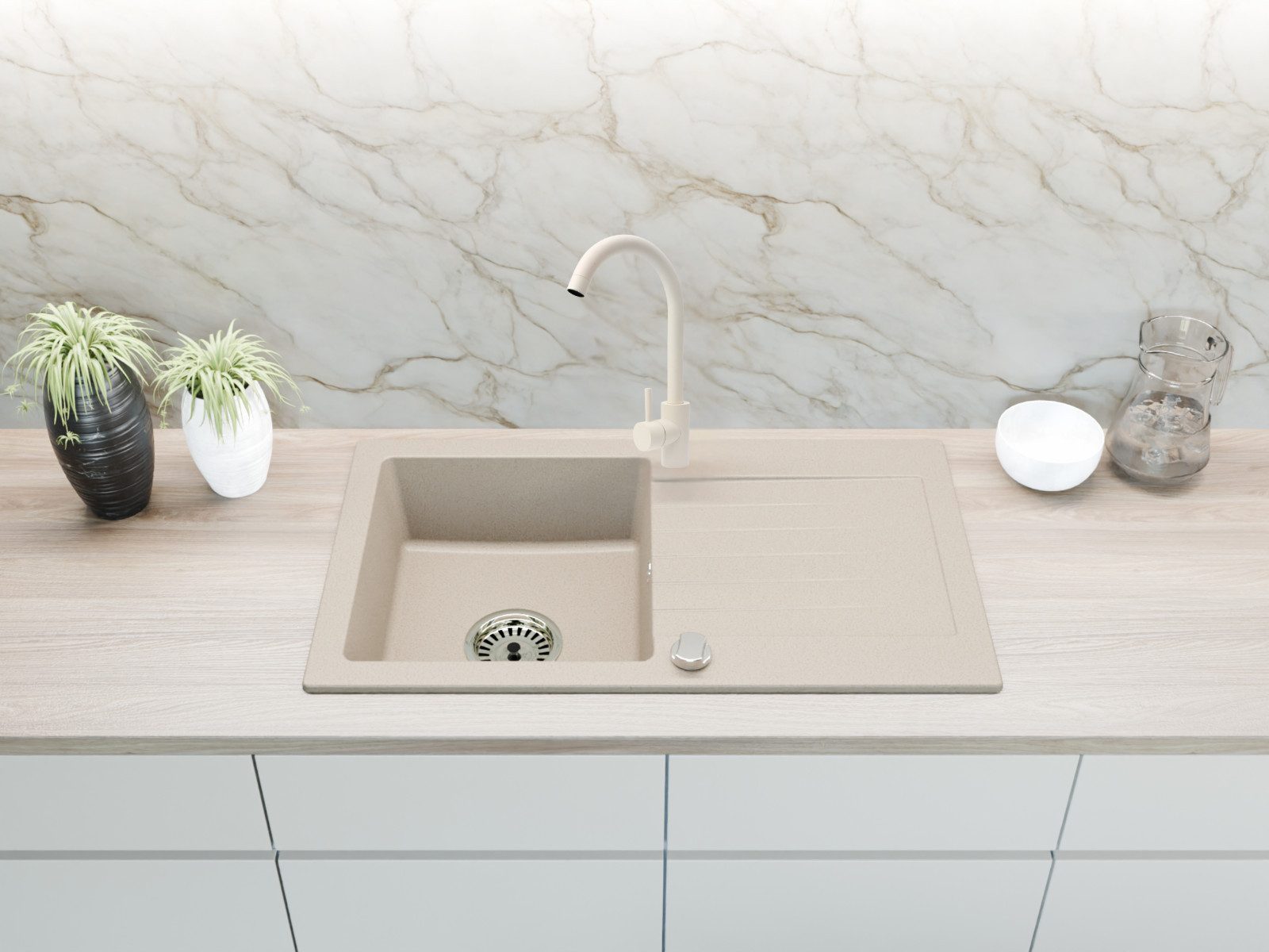 Faizee Möbel Granitspüle Granitspüle Athena 75x43,5 cm Küchenspüle Granit mit Siphon, Eckig, 76/44 cm