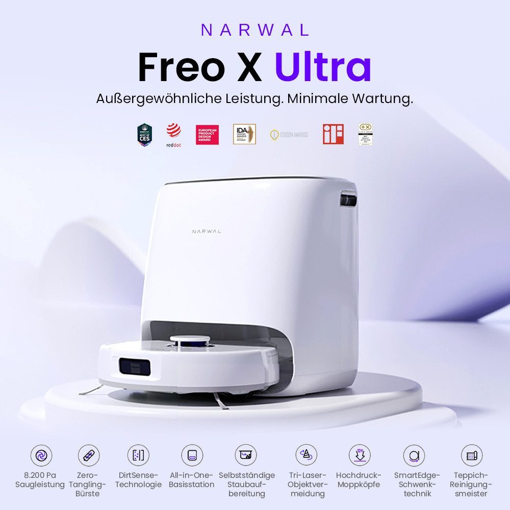 Narwal Saugroboter Freo X Ultra Wischroboter + Reinigungskonzentrat, 65 W, Schwimmende Bürste ohne Verheddern, Sprachassistent: Google Alexa Siri