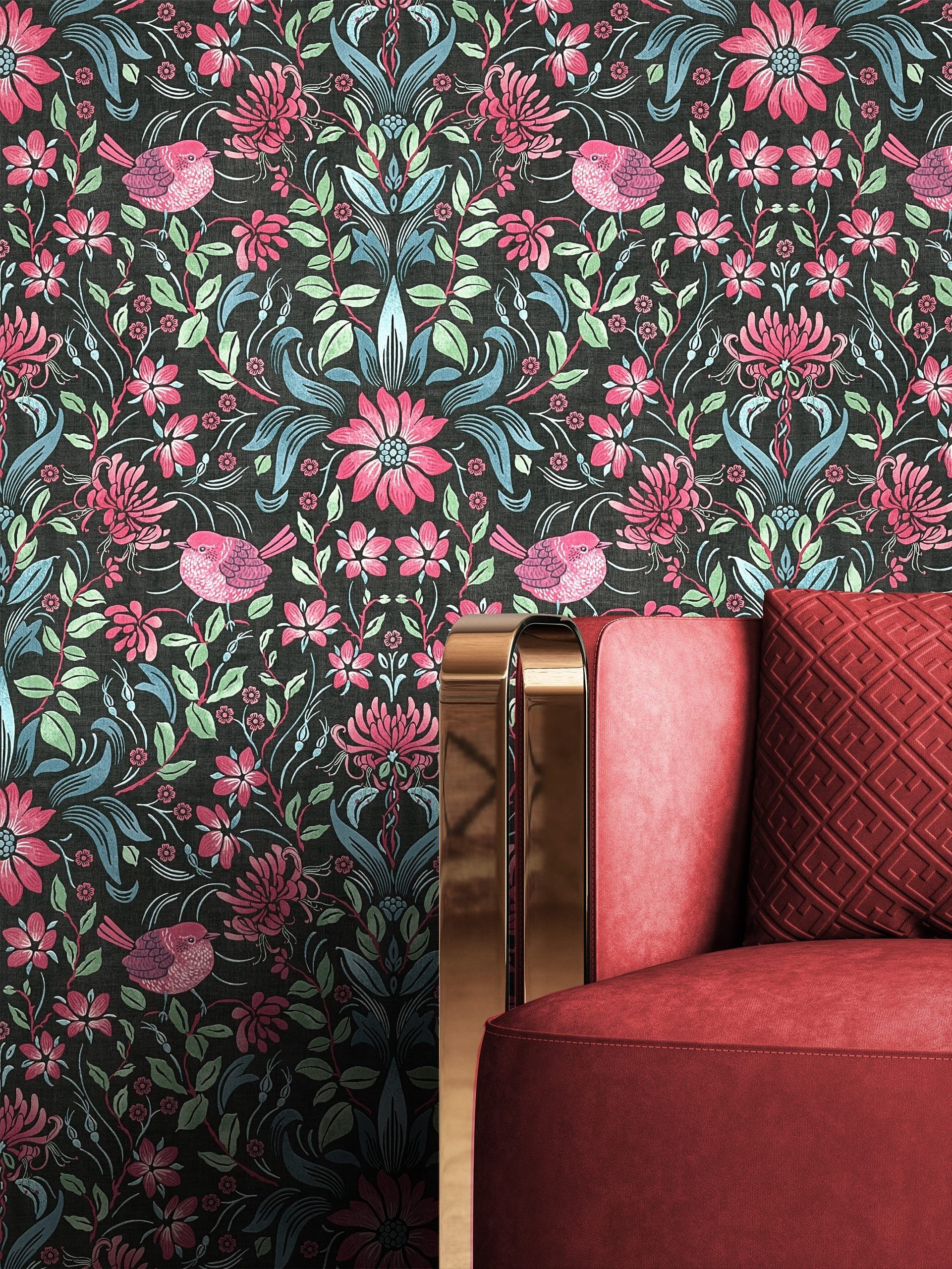Newroom Vliestapete, Schwarz Tapete Floral Blumen günstig online kaufen