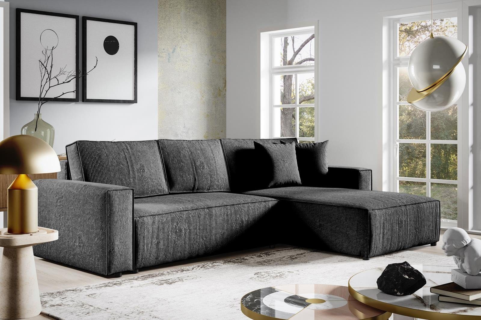 Compleo Ecksofa mit Schlaffunktion, Sofa Eckcouch L-Form BOSTON, Cordstoff, 290x185x70cm