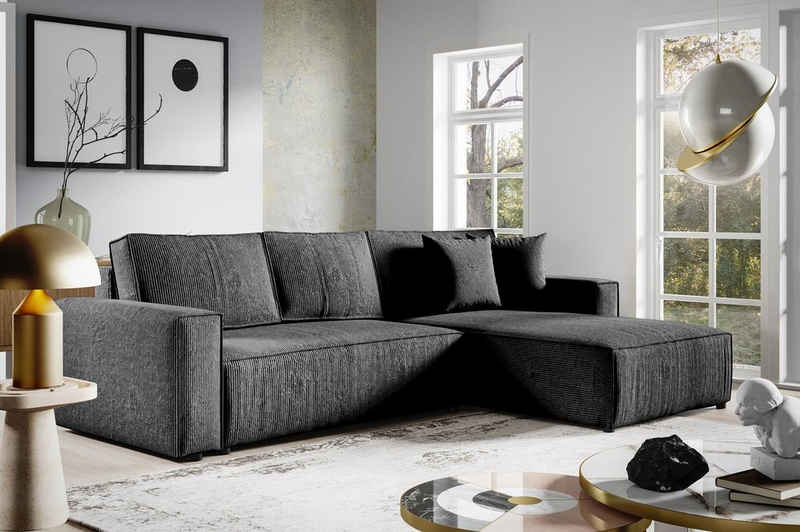 Compleo Ecksofa mit Schlaffunktion, Sofa Eckcouch L-Form BOSTON, Cordstoff, 290x185x70cm