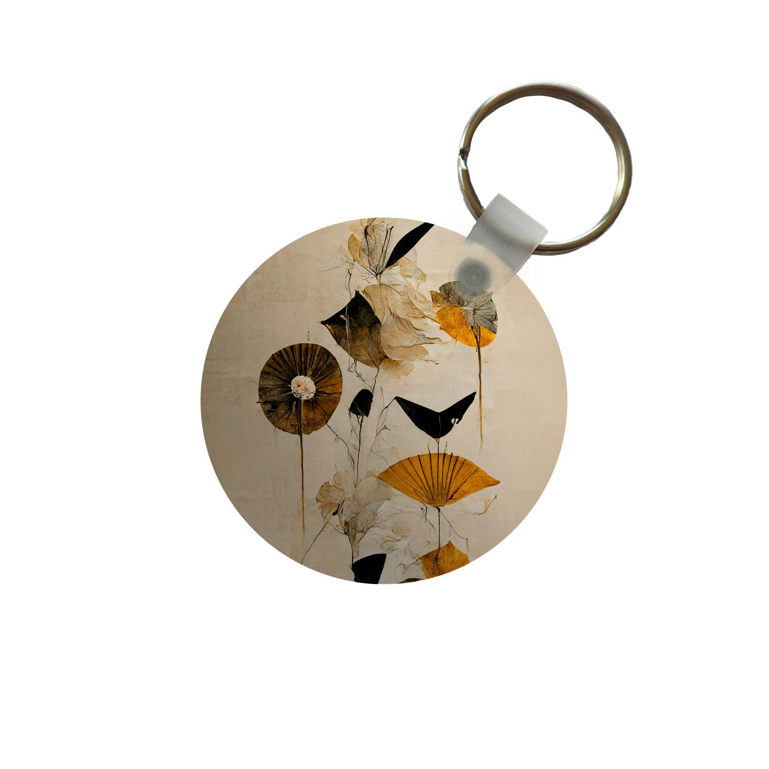 MuchoWow Schlüsselanhänger Blumen - Vintage - Pflanzen - Gold, Rund, Geschenk für Damen / Herren / Kinder mit Schlüsselring, 5x5 cm
